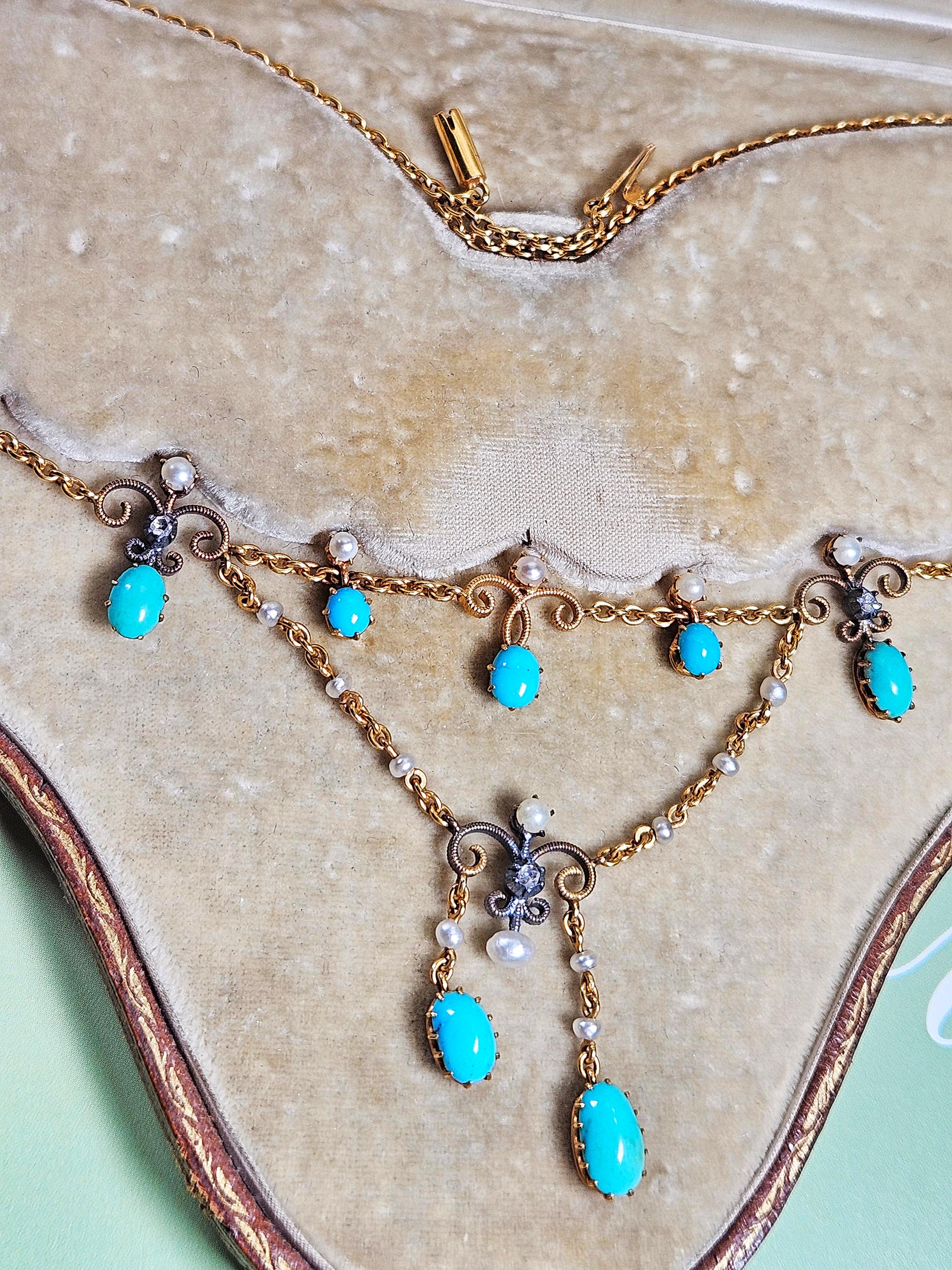 Taille cabochon Antique Victorian 15ct Gold Turquoise Pearl Diamond Swag Necklace in Fitted Box en vente