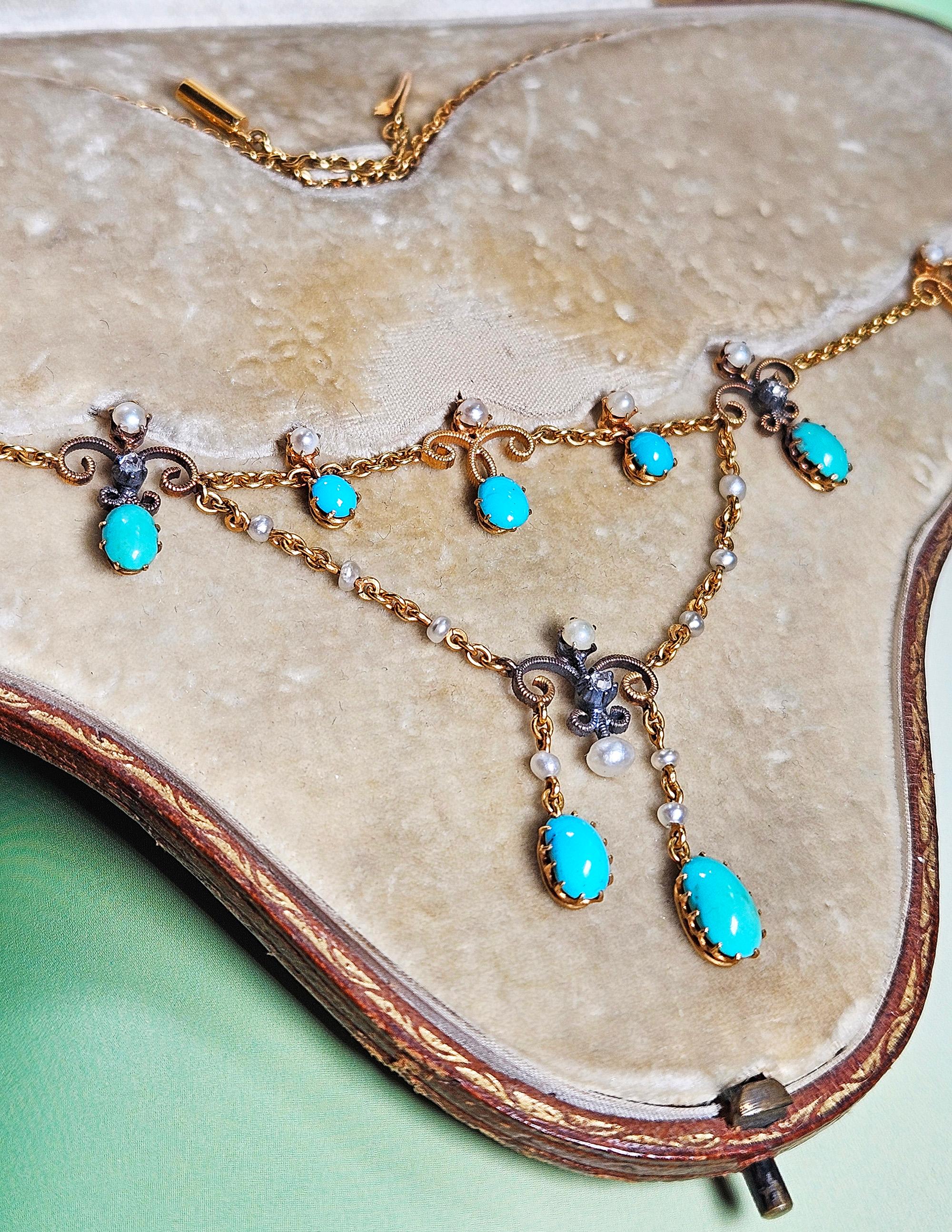 Antique Victorian 15ct Gold Turquoise Pearl Diamond Swag Necklace in Fitted Box en vente 1