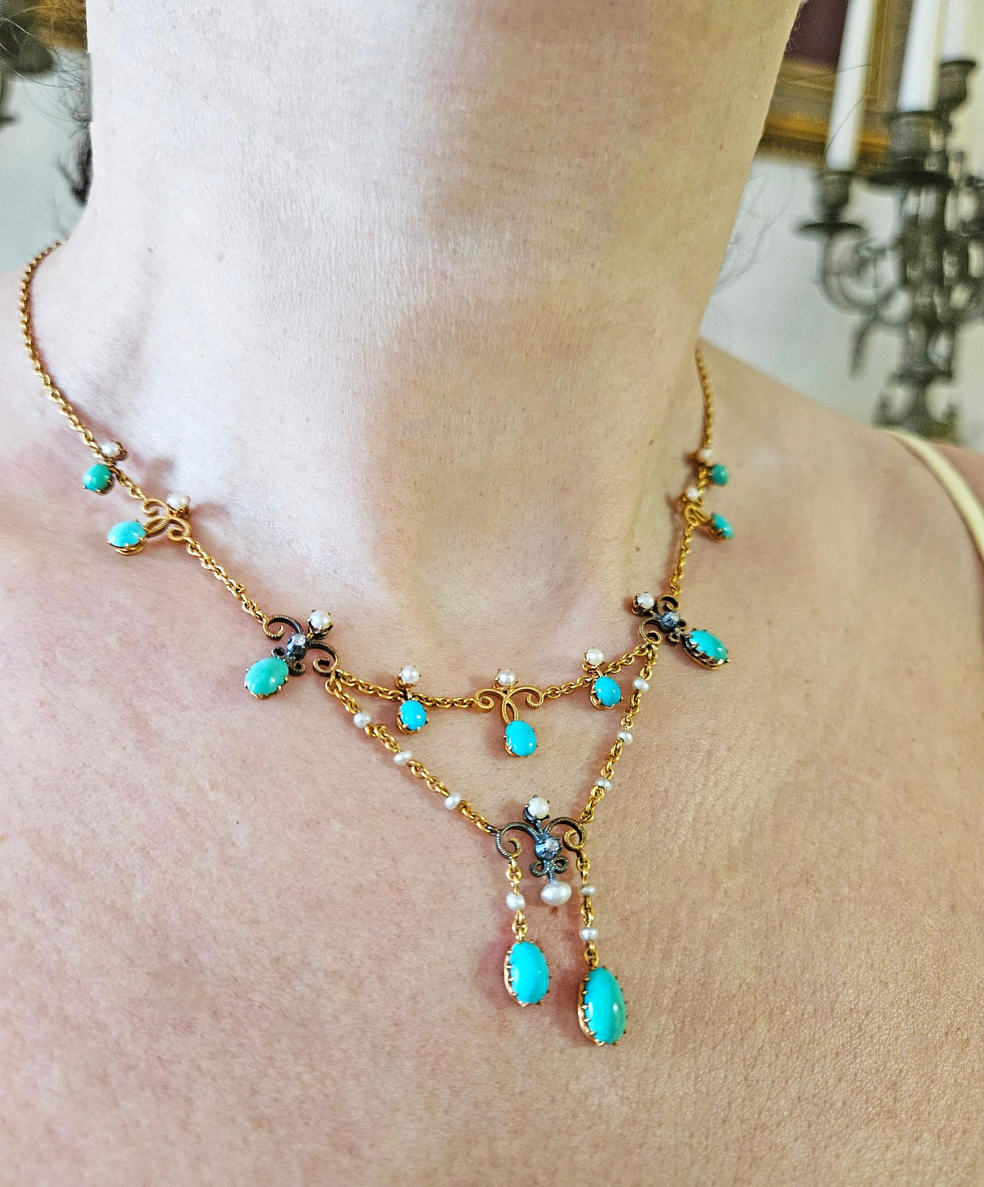 Antique Victorian 15ct Gold Turquoise Pearl Diamond Swag Necklace in Fitted Box en vente 2