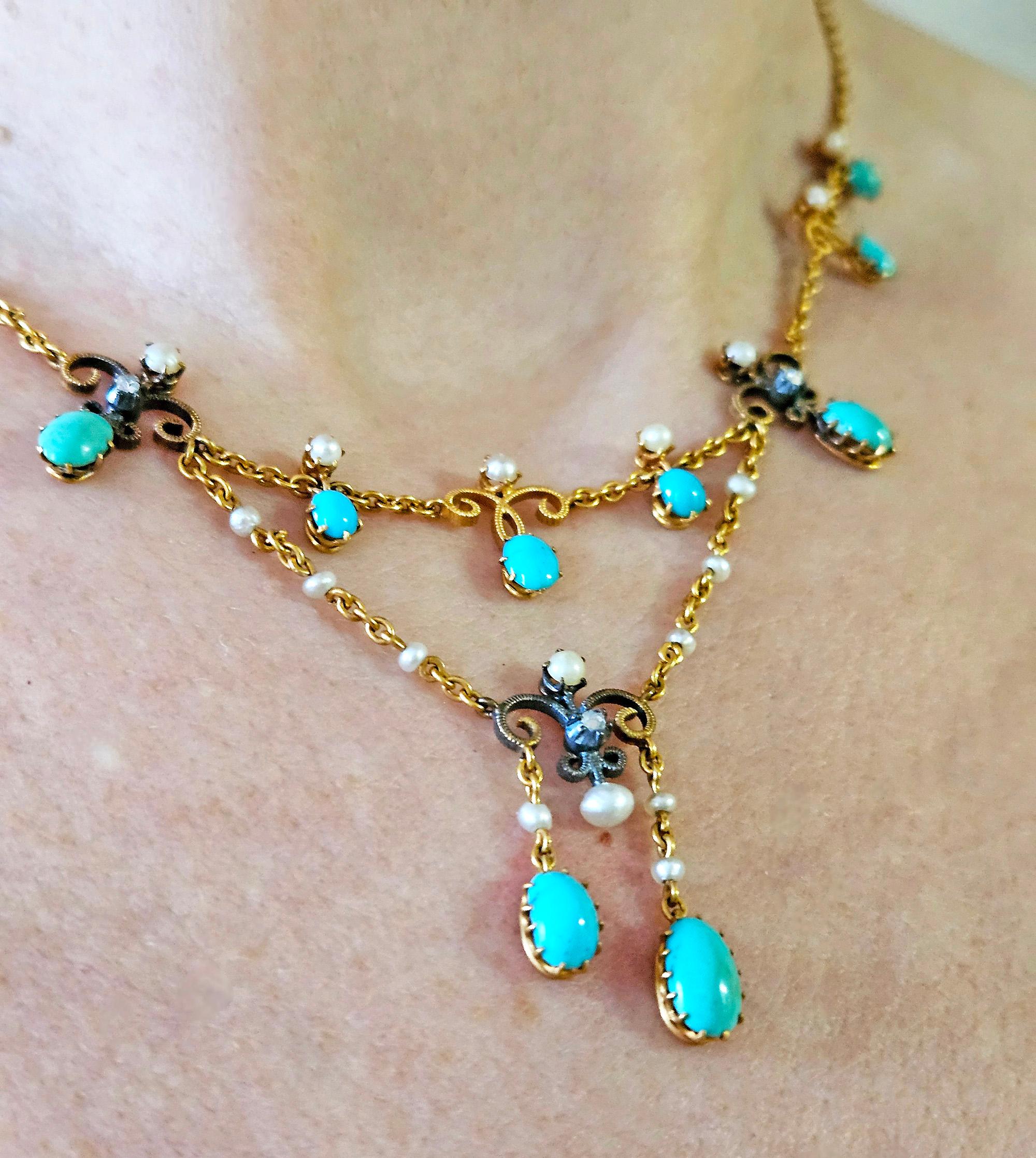 Antique Victorian 15ct Gold Turquoise Pearl Diamond Swag Necklace in Fitted Box en vente 3