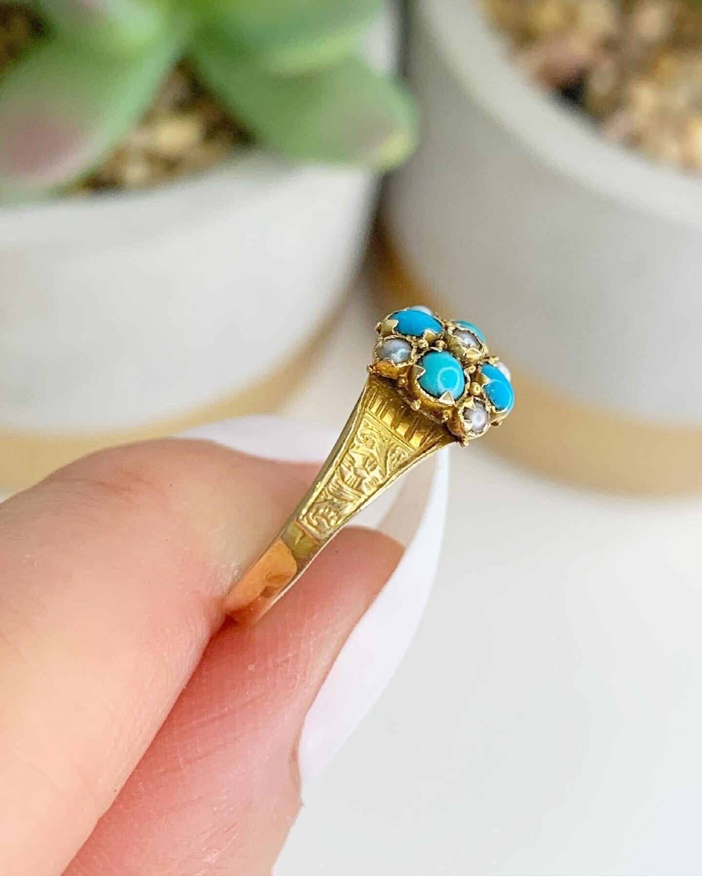 Round Cut Antique Victorian 15ct Gold Turquoise & Pearl Ring Hallmarked Birmingham 1899 For Sale