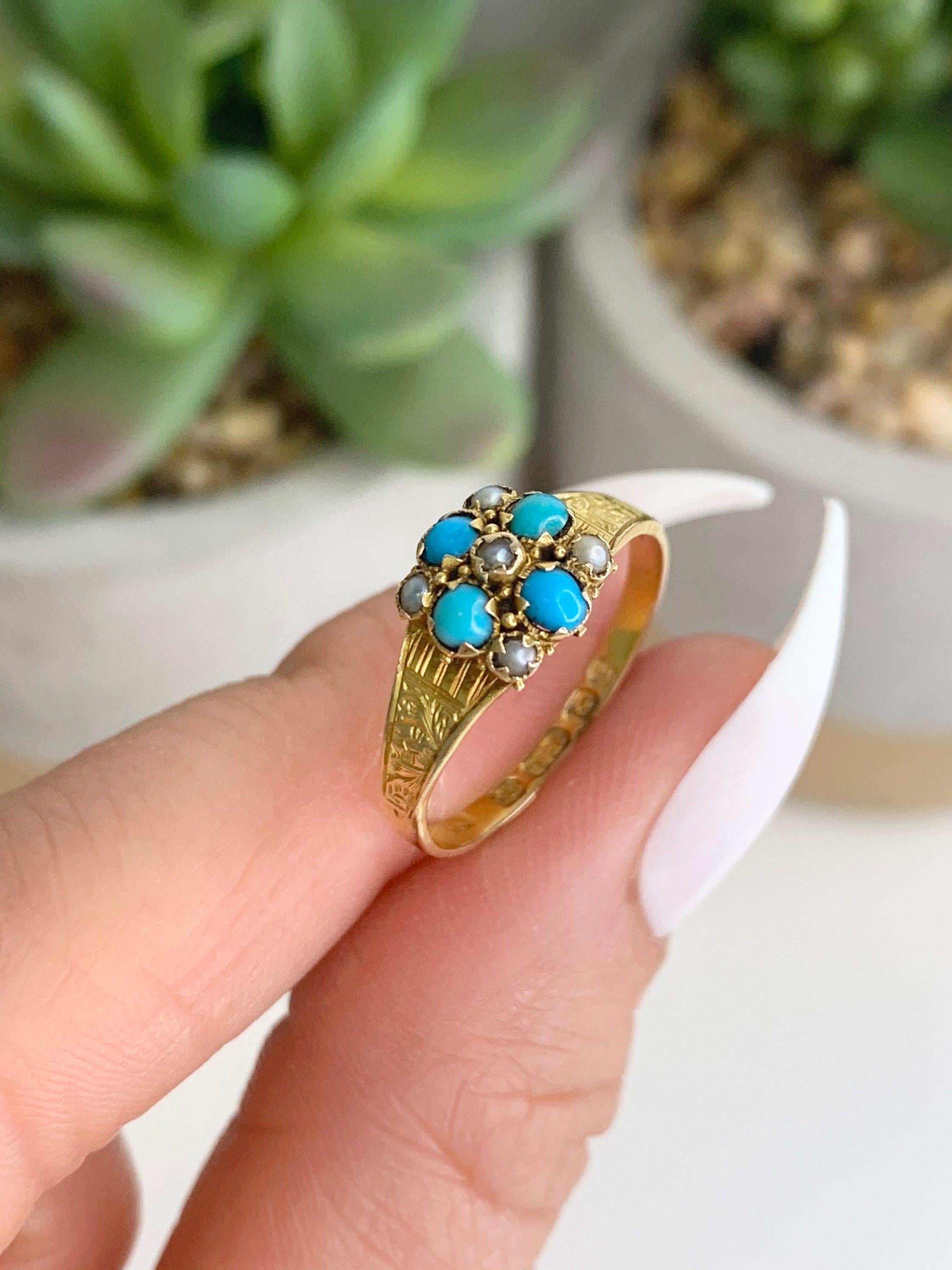Antique Victorian 15ct Gold Turquoise & Pearl Ring Hallmarked Birmingham 1899 In Good Condition For Sale In Brighton, GB