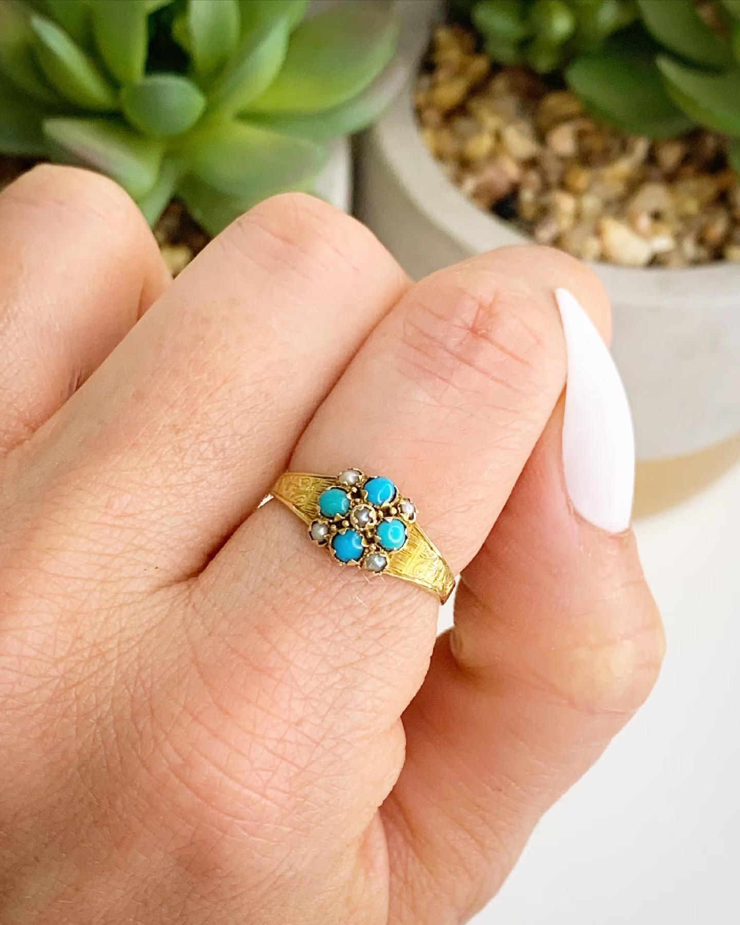 Antique Victorian 15ct Gold Turquoise & Pearl Ring Hallmarked Birmingham 1899 For Sale 1