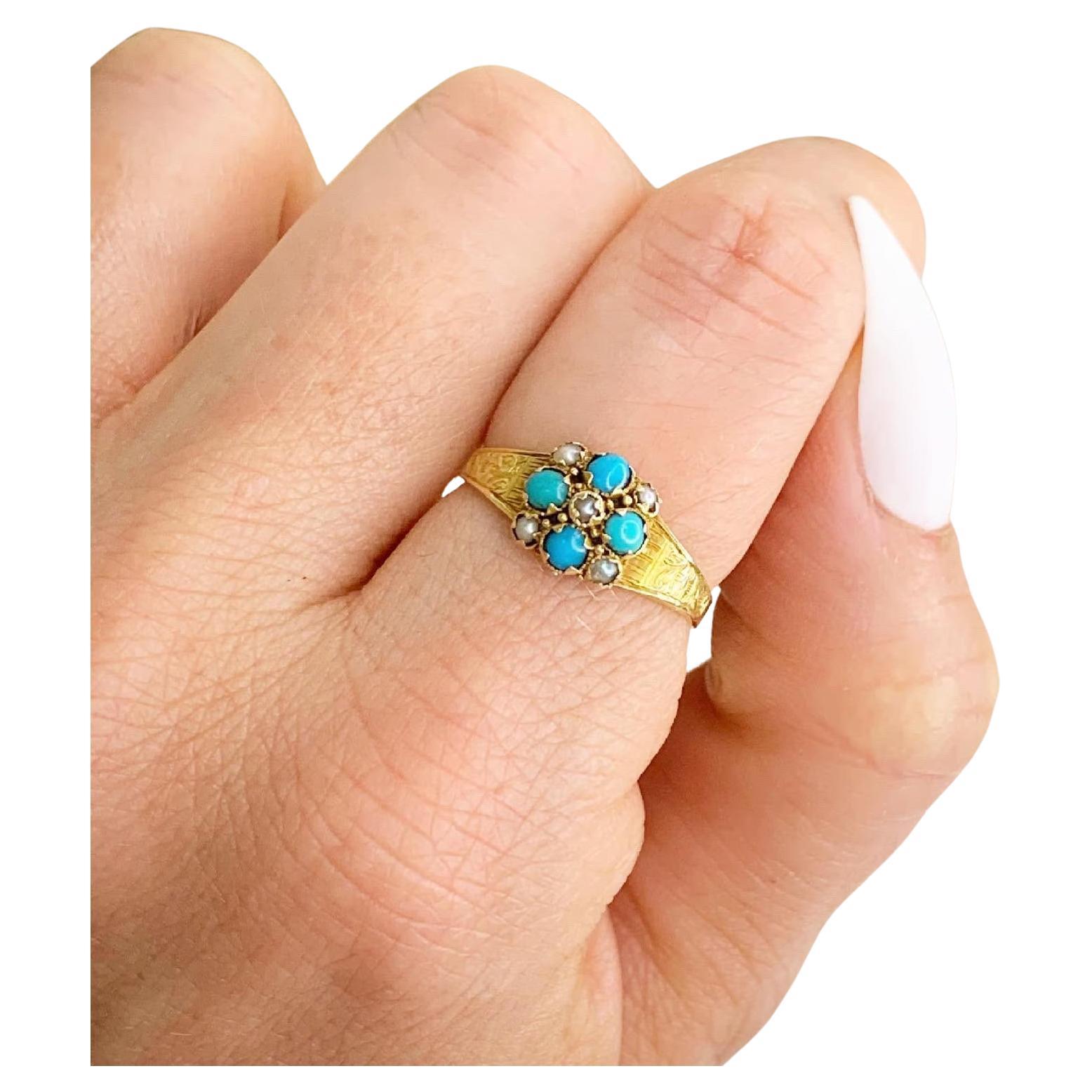 Antique Victorian 15ct Gold Turquoise & Pearl Ring Hallmarked Birmingham 1899 For Sale
