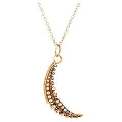 Antique Victorian 15ct Split Pearl Crescent Moon Pendant Necklace