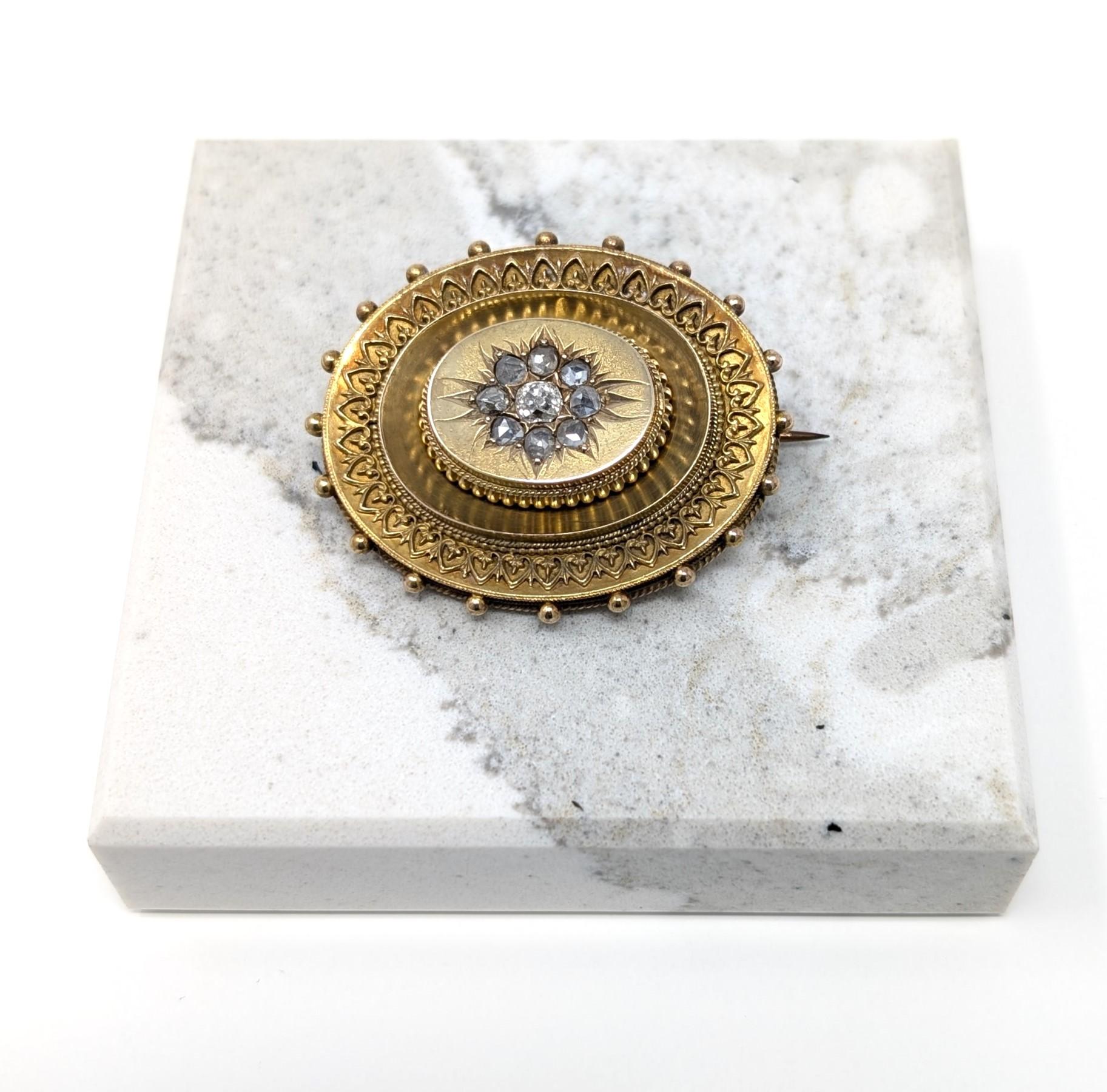 Stunning antique Victorian mourning brooch featuring brilliant diamonds set in 15k gold. This beautifully crafted brooch also has a locket on the back to house a photo or lock of hair. Has a c clasp closure along with a small loop towards the top to