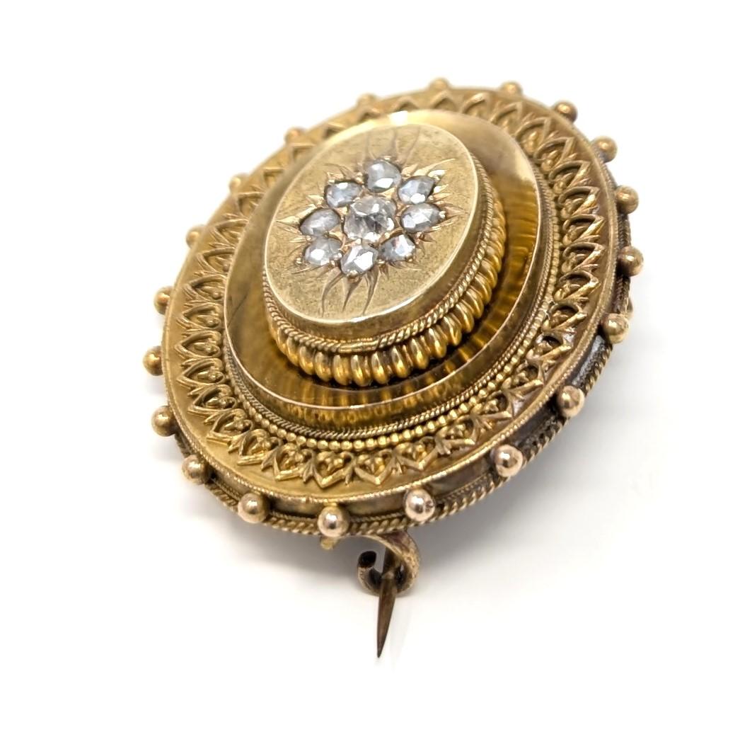 Women's or Men's Antique Victorian 15k Diamond Mourning Brooch Pin Locket Solid Yellow Gold For Sale