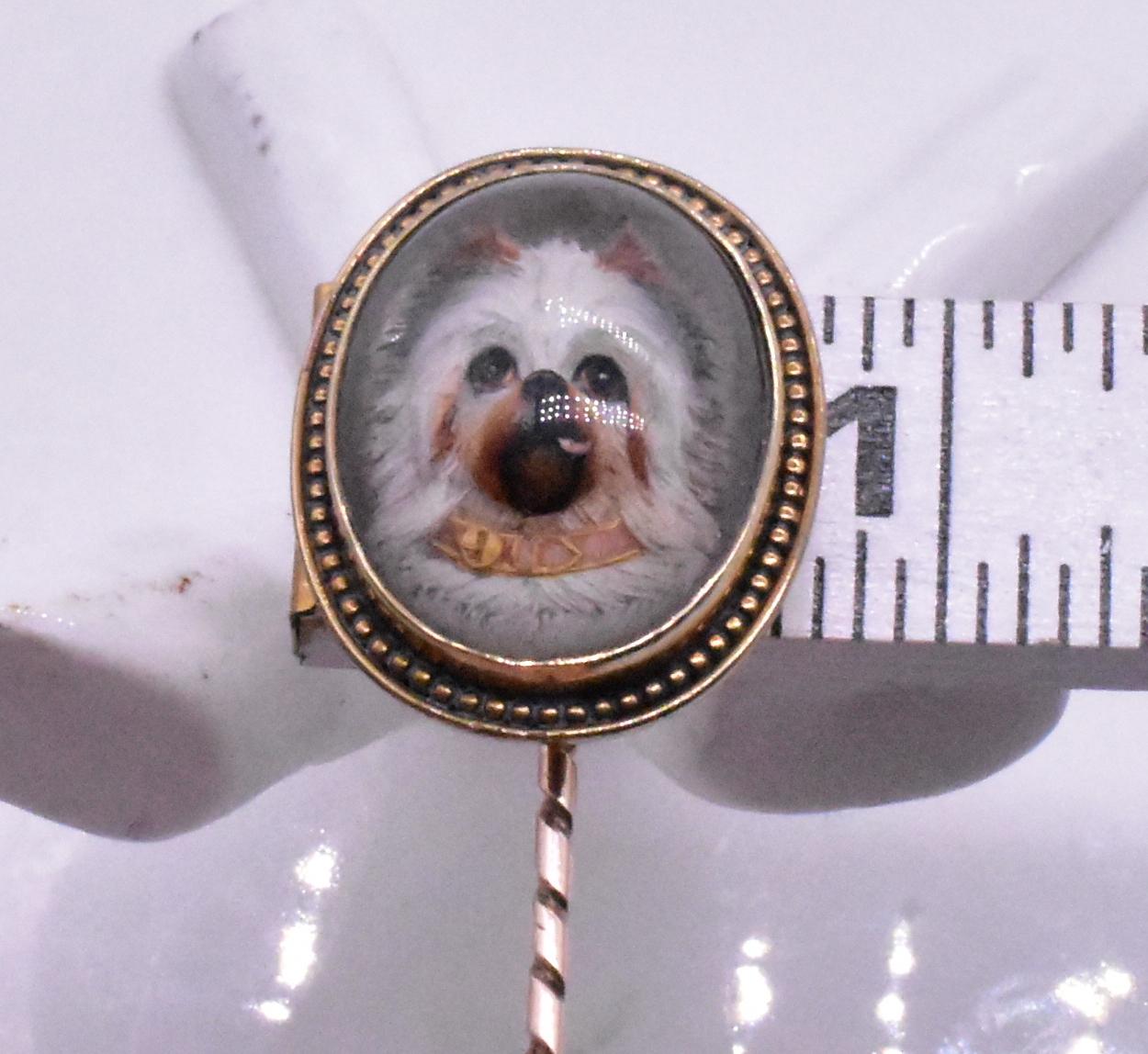Early Victorian Antique Victorian 15K Essex Crystal Maltese Dog Stick Pin, Pink and Gold Collar