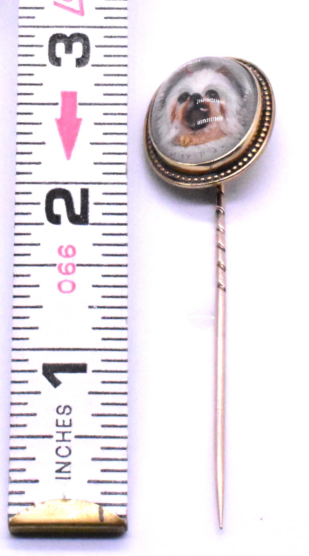 Cabochon Antique Victorian 15K Essex Crystal Maltese Dog Stick Pin, Pink and Gold Collar