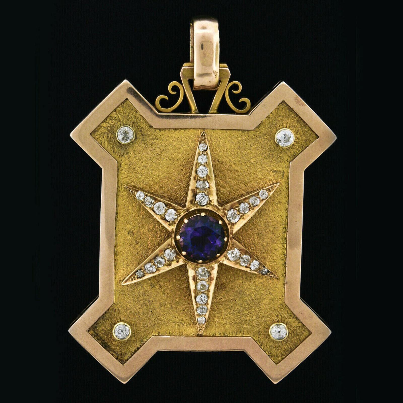 This magnificent and truly one of a kind locket pendant was hand crafted from solid 15k yellow and rose gold during the Victorian era. This piece features an outstanding 9.0mm round cut amethyst prong set at its center and itself at the center of a