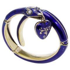 Antique Victorian 15K Gold and Blue Enamel Coiled Snake Cuff Bangle with locket
