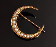 Antique Victorian 15k Gold and Pearl Crescent Moon Brooch