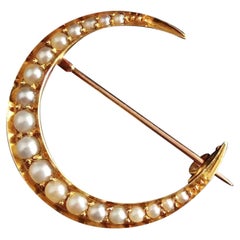 Antique Victorian 15k Gold and Pearl Crescent Moon Brooch