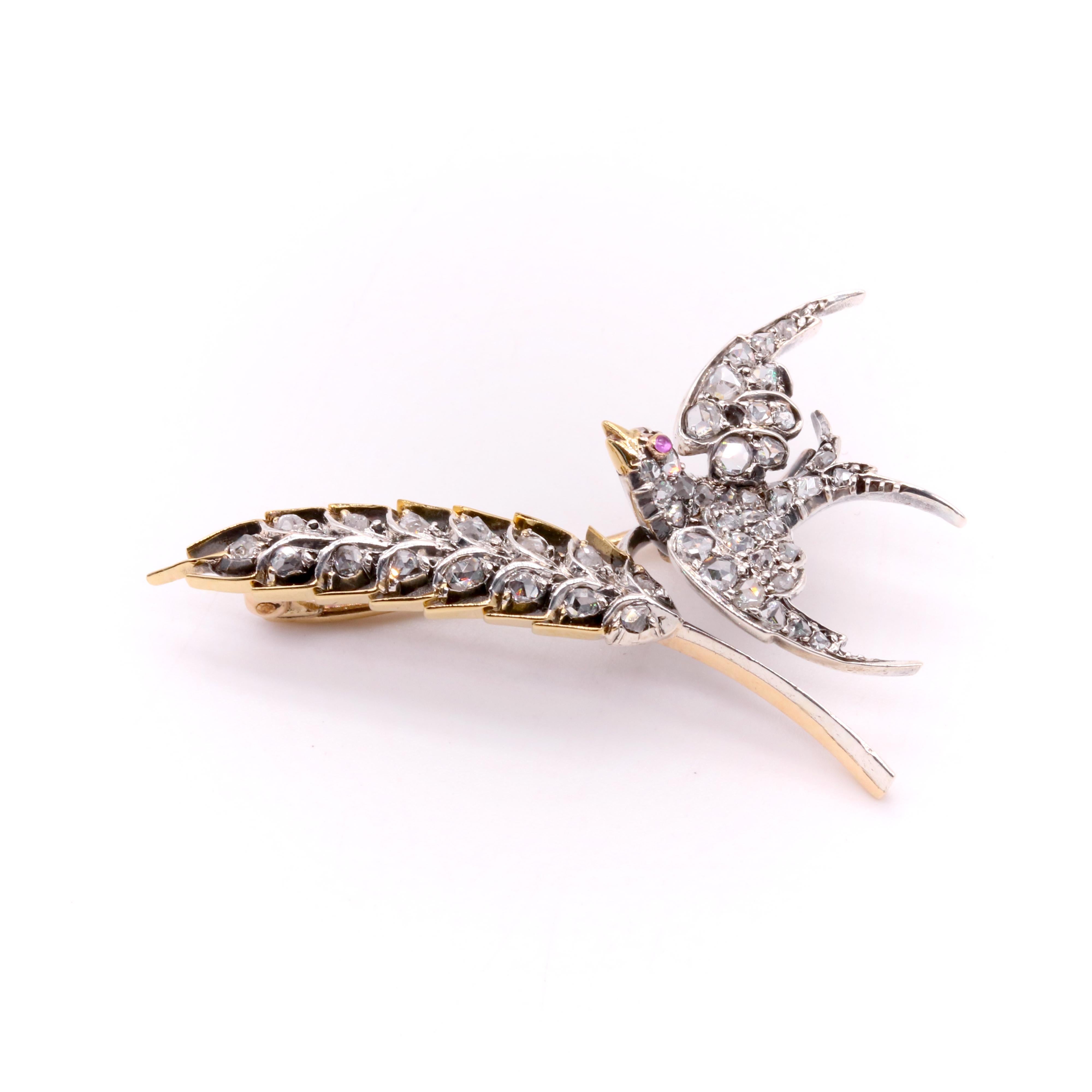 Antica spilla vittoriana in oro 15 carati e argento con diamante e rondine e spiga di grano In condizioni buone in vendita a Staines-Upon-Thames, GB
