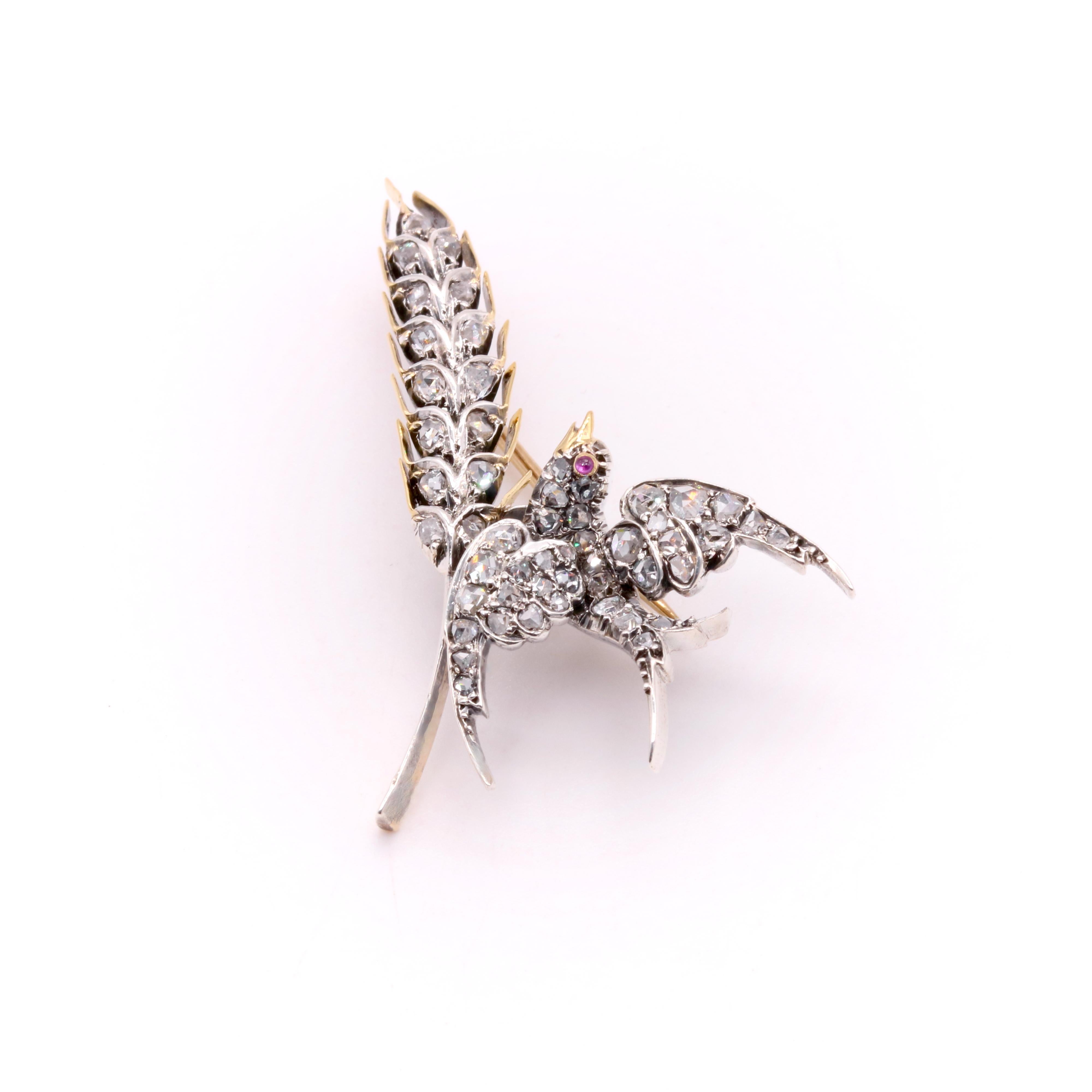 Antica spilla vittoriana in oro 15 carati e argento con diamante e rondine e spiga di grano in vendita 1