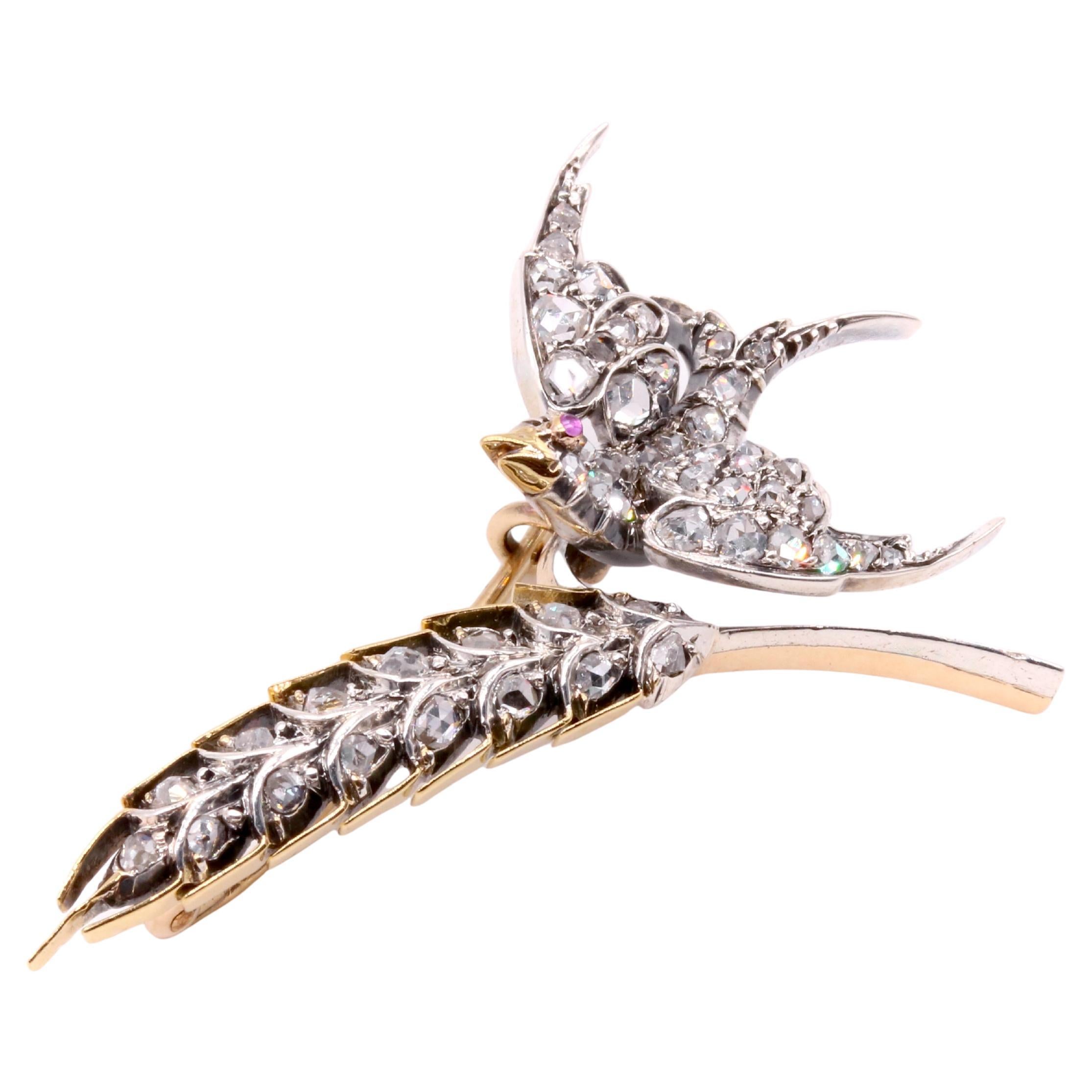 Antique Victorian 15K Gold and Silver Diamond Swallow and Ear of Wheat Brooch