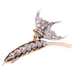 Broche victorienne ancienne en or et argent 15 carats avec diamants en forme de coquille et d'oreille de blé