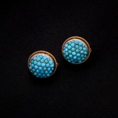 Antique Victorian 15K Gold and Silver Turquoise Domed Etruscan Revival Earrings