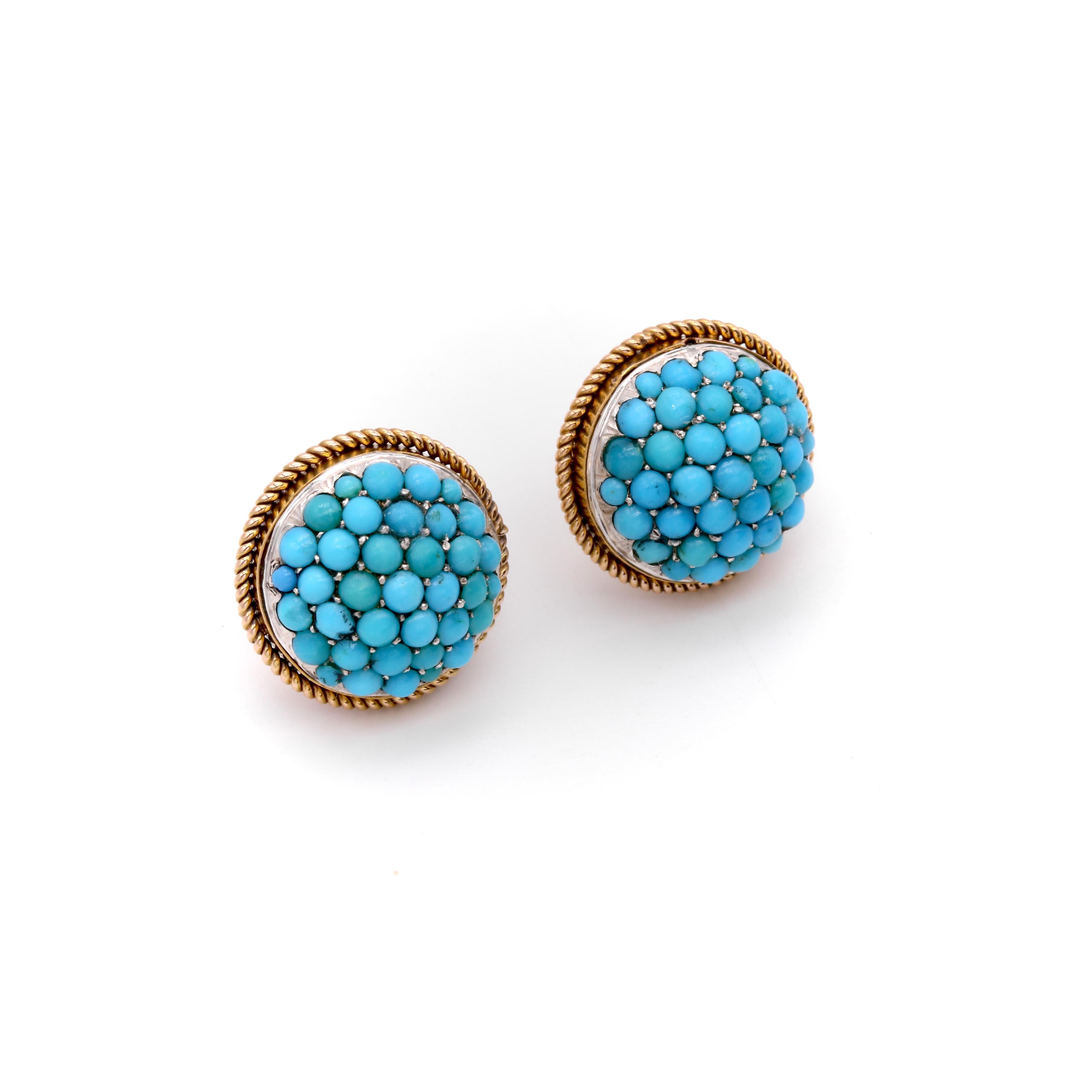 Antique Victorian 15K Gold and Silver Turquoise Domed Etruscan Revival Earrings In Good Condition For Sale In Staines-Upon-Thames, GB