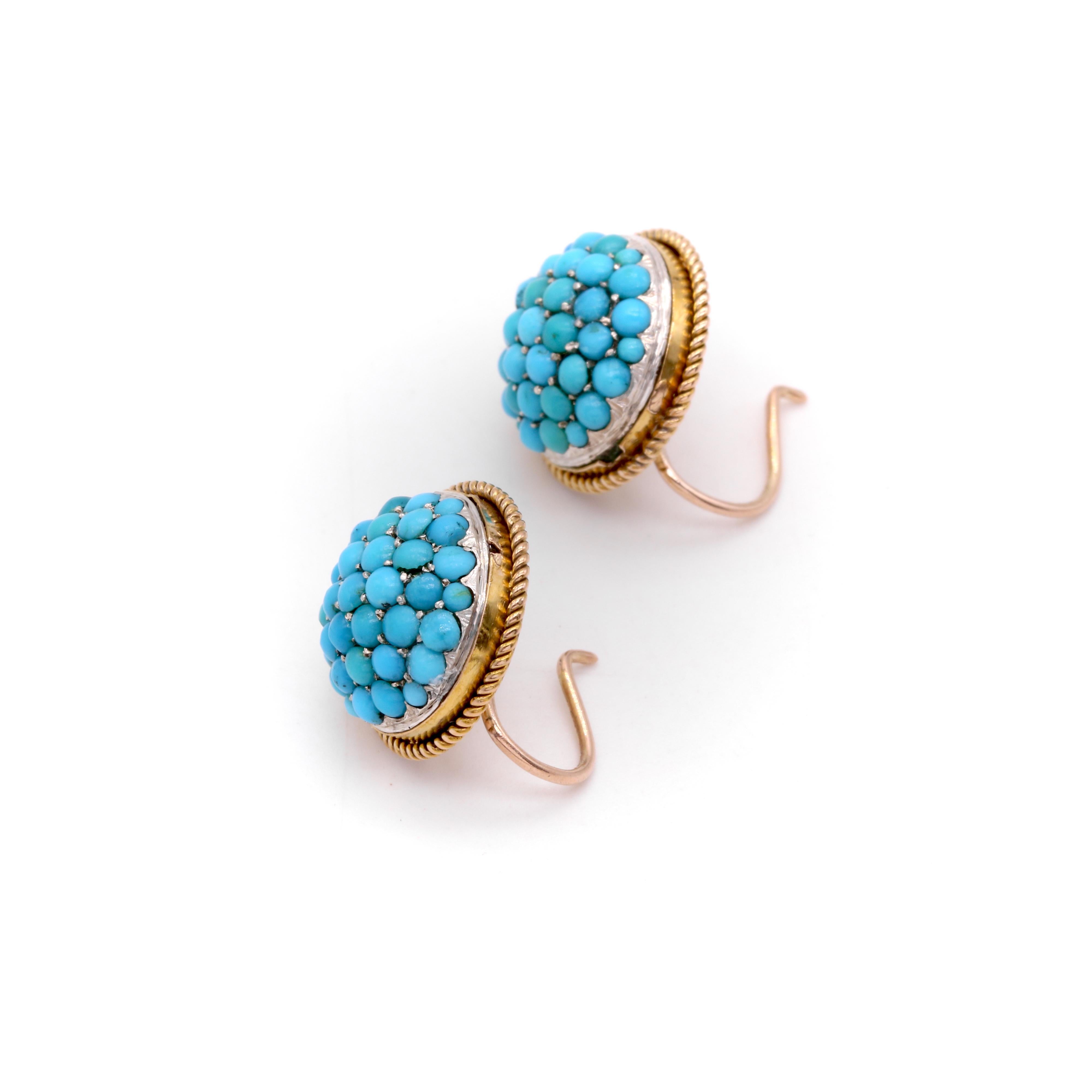Women's or Men's Antique Victorian 15K Gold and Silver Turquoise Domed Etruscan Revival Earrings For Sale