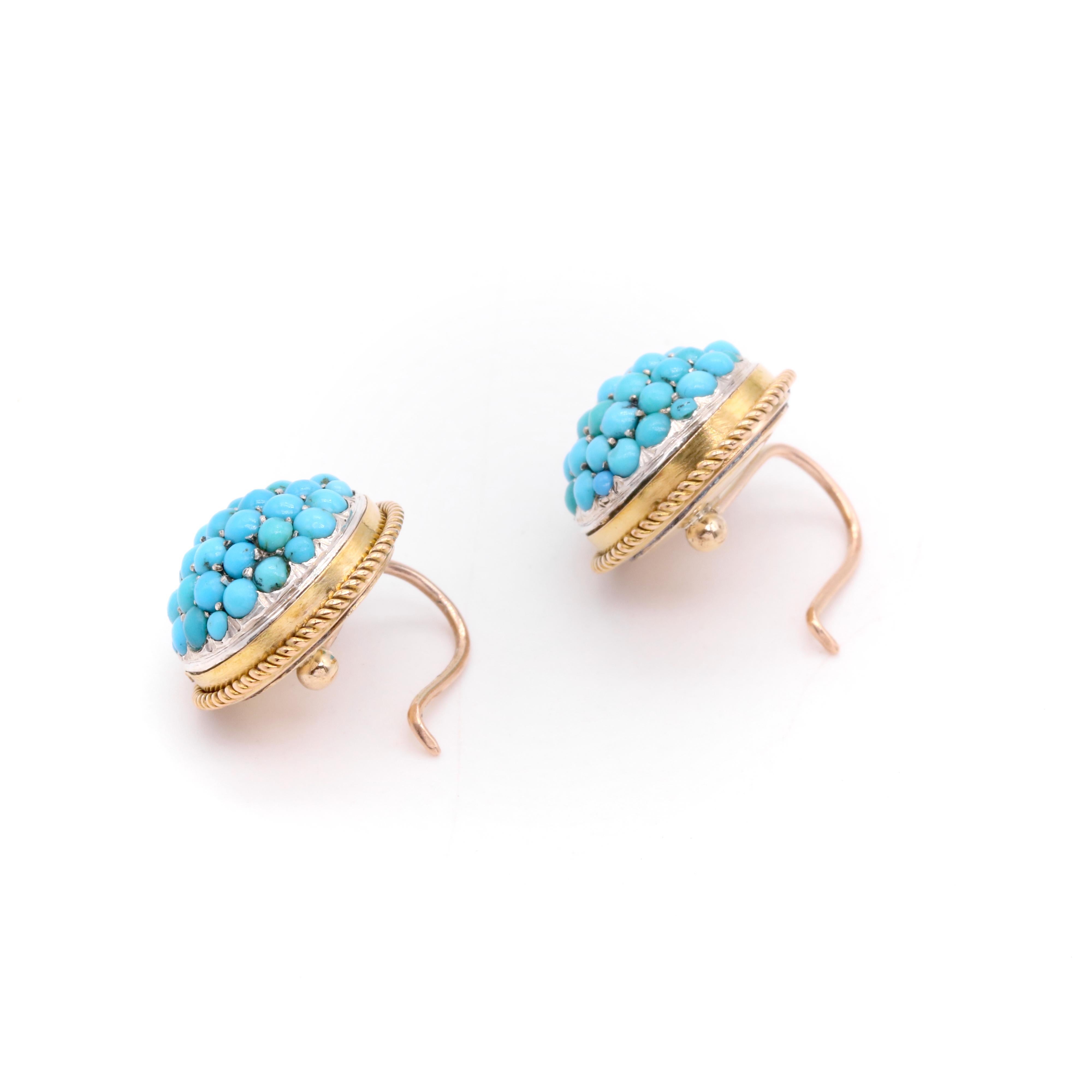 Antique Victorian 15K Gold and Silver Turquoise Domed Etruscan Revival Earrings For Sale 1