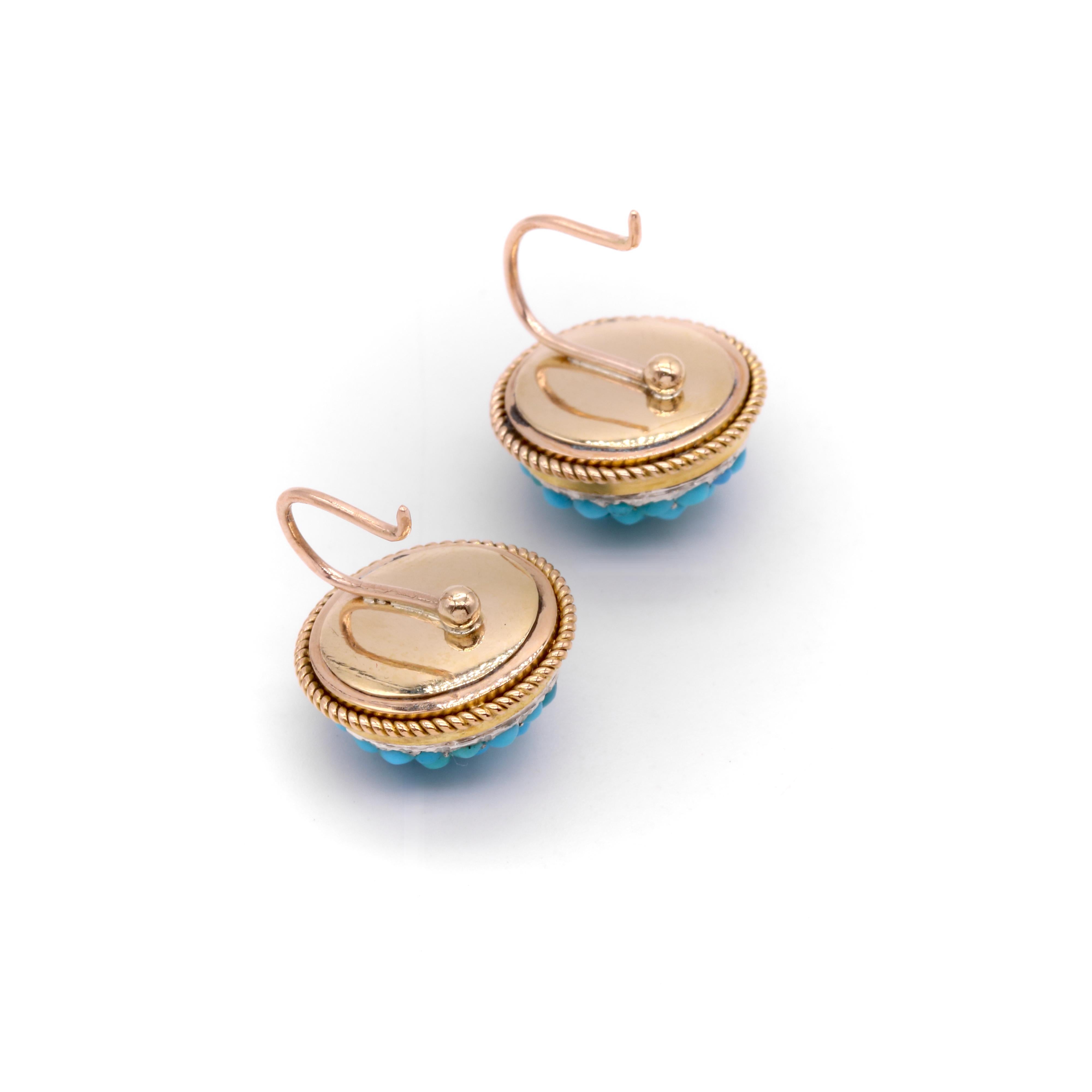 Antique Victorian 15K Gold and Silver Turquoise Domed Etruscan Revival Earrings For Sale 2