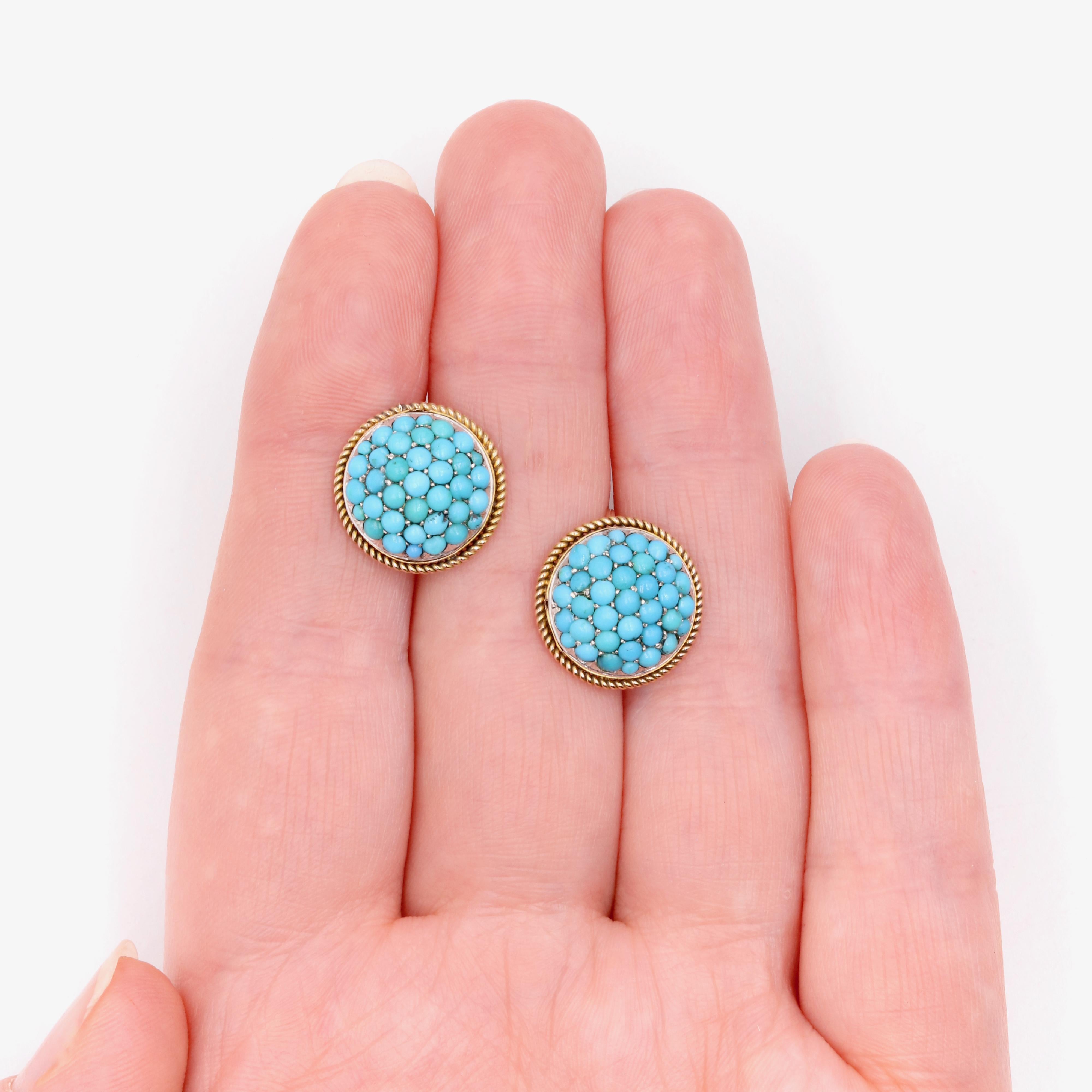 Antique Victorian 15K Gold and Silver Turquoise Domed Etruscan Revival Earrings For Sale 3