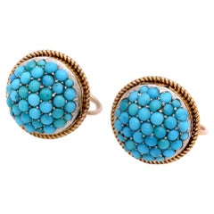Antique Victorian 15K Gold and Silver Turquoise Domed Etruscan Revival Earrings
