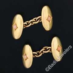 Antique Victorian 15k Gold Angel Skin Coral Polished Puffed Oval Cufflinks
