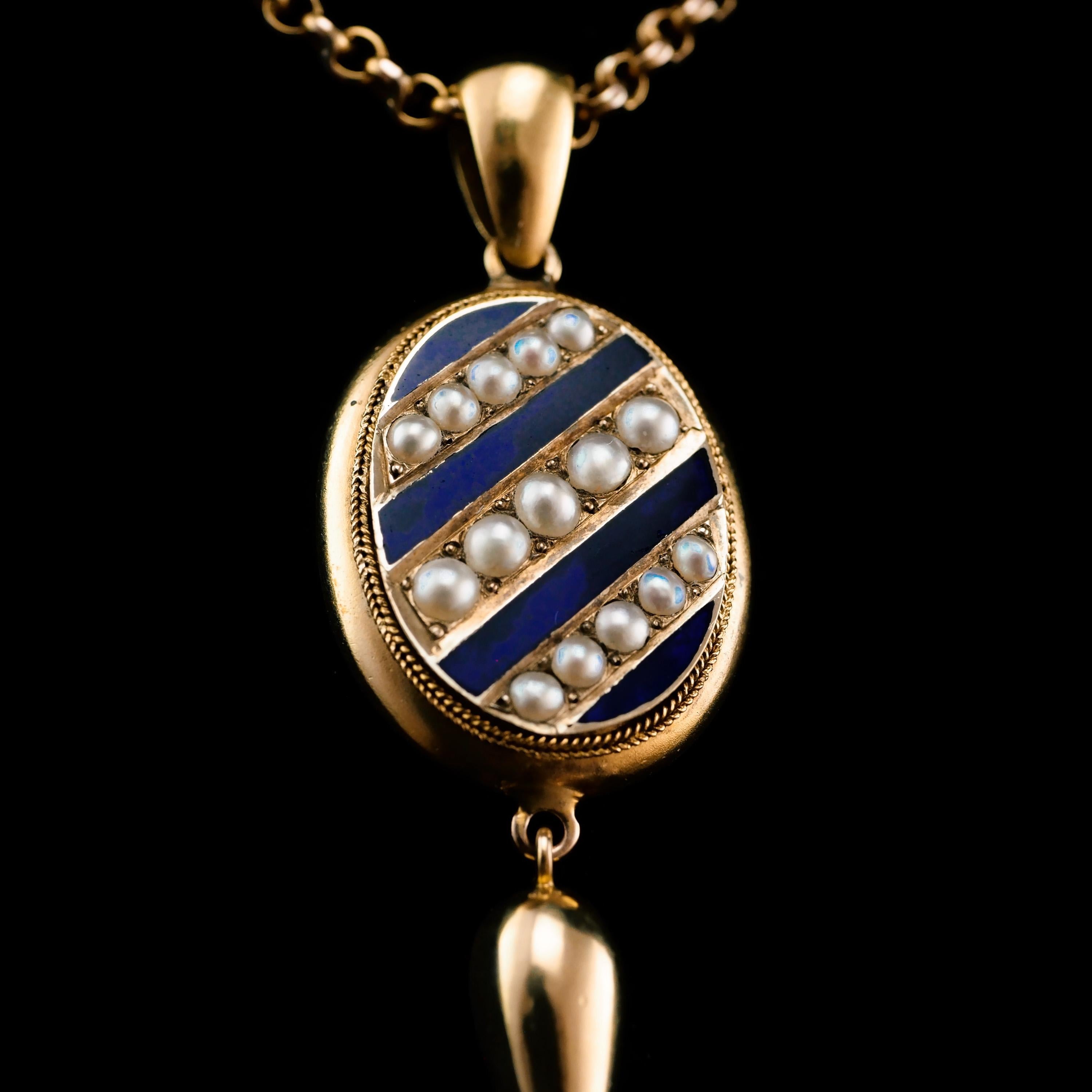 Antique Victorian 15k Gold Blue Enamel & Pearl Pendant Locket, circa 1880 For Sale 11