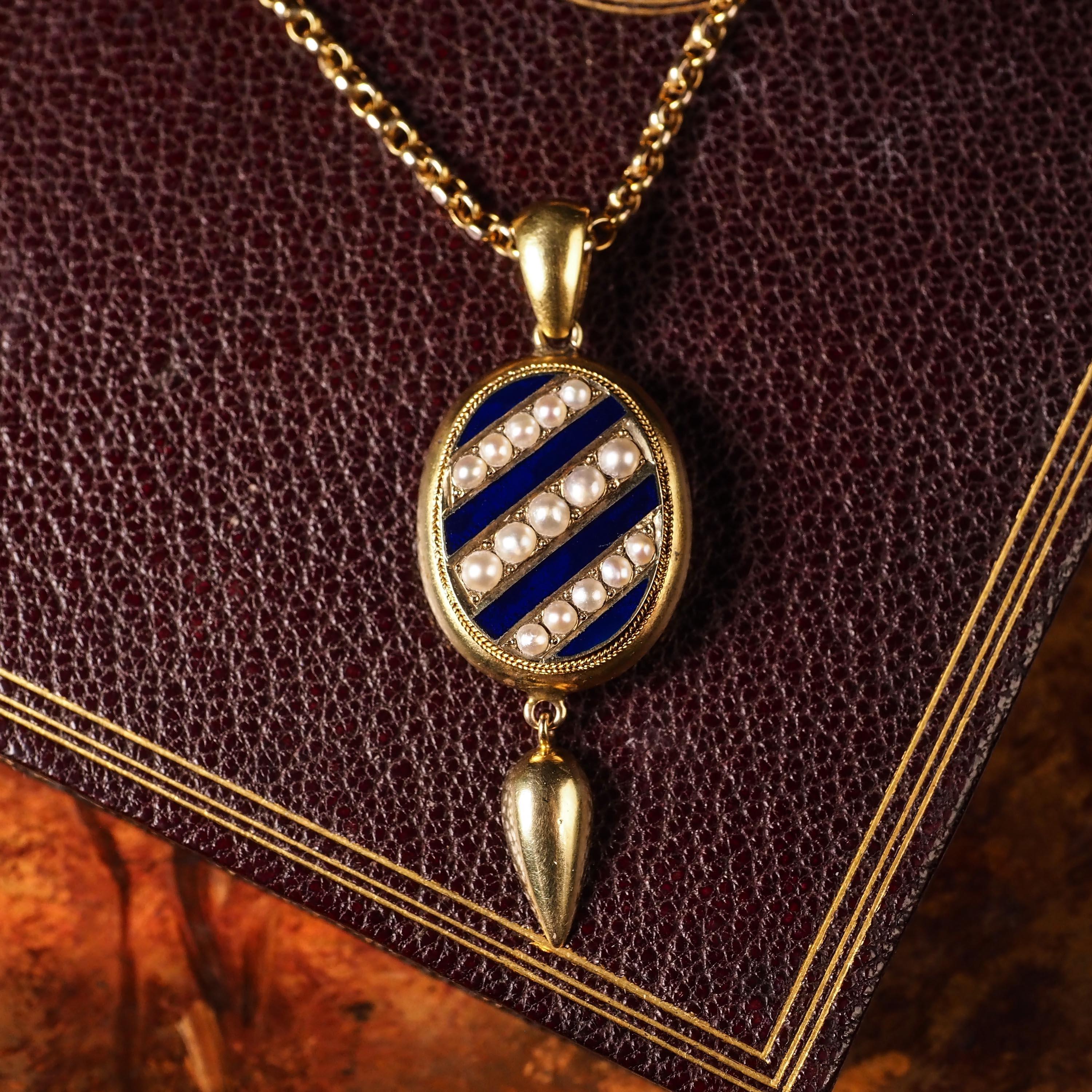 Cabochon Antique Victorian 15k Gold Blue Enamel & Pearl Pendant Locket, circa 1880 For Sale