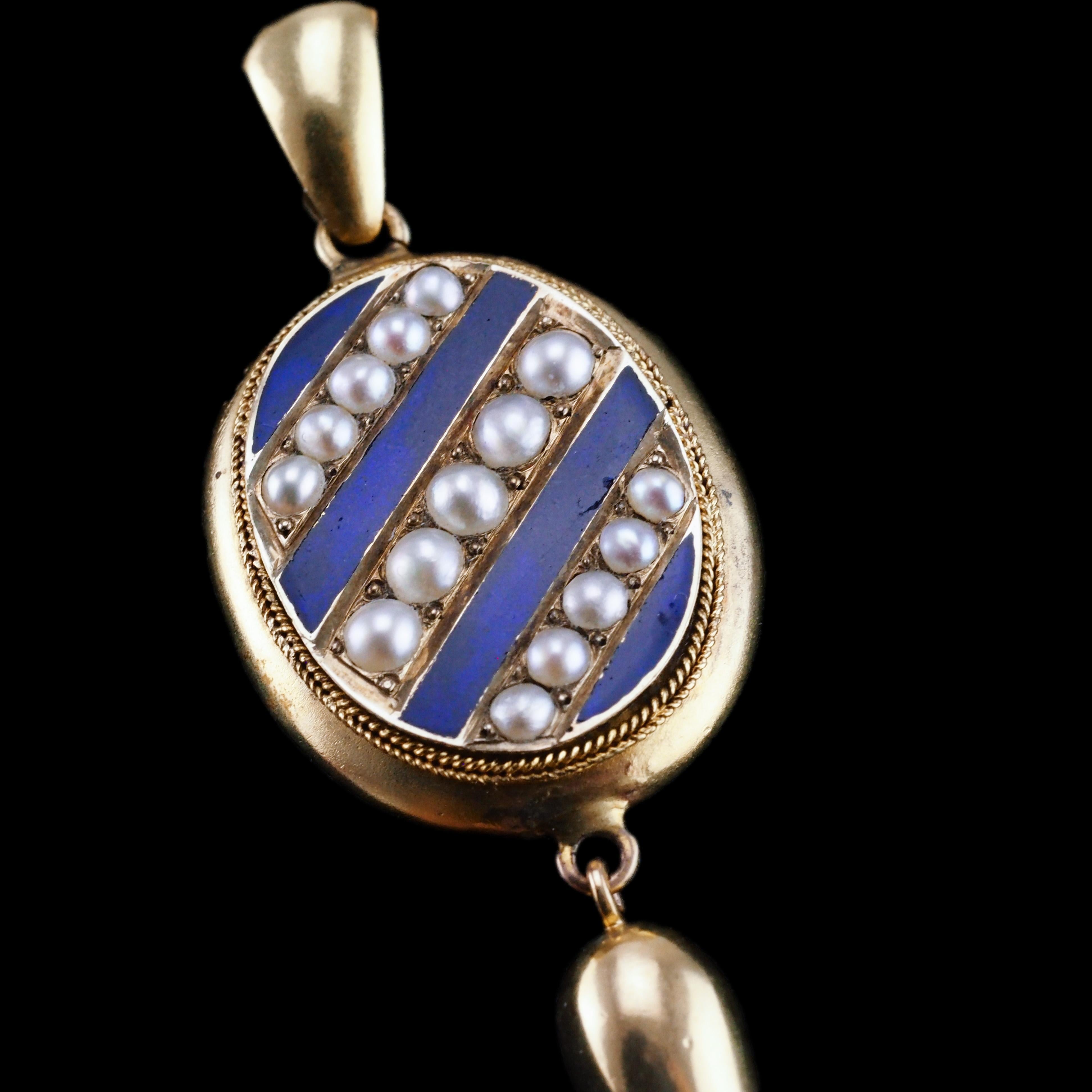 Antica collana vittoriana in oro 15 carati con smalto blu e ciondolo di perle - c.1880 in vendita 9