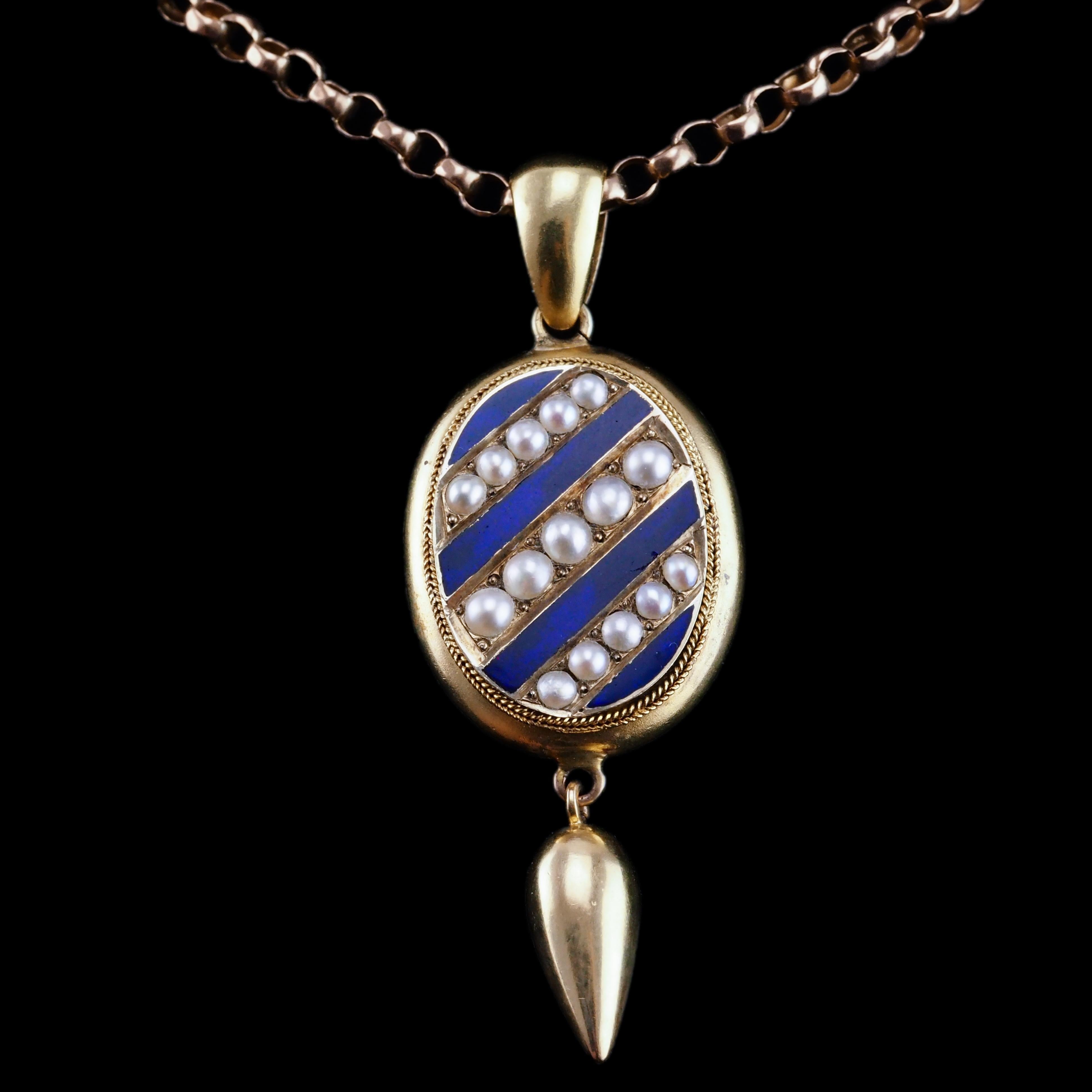 Antica collana vittoriana in oro 15 carati con smalto blu e ciondolo di perle - c.1880 in vendita 10