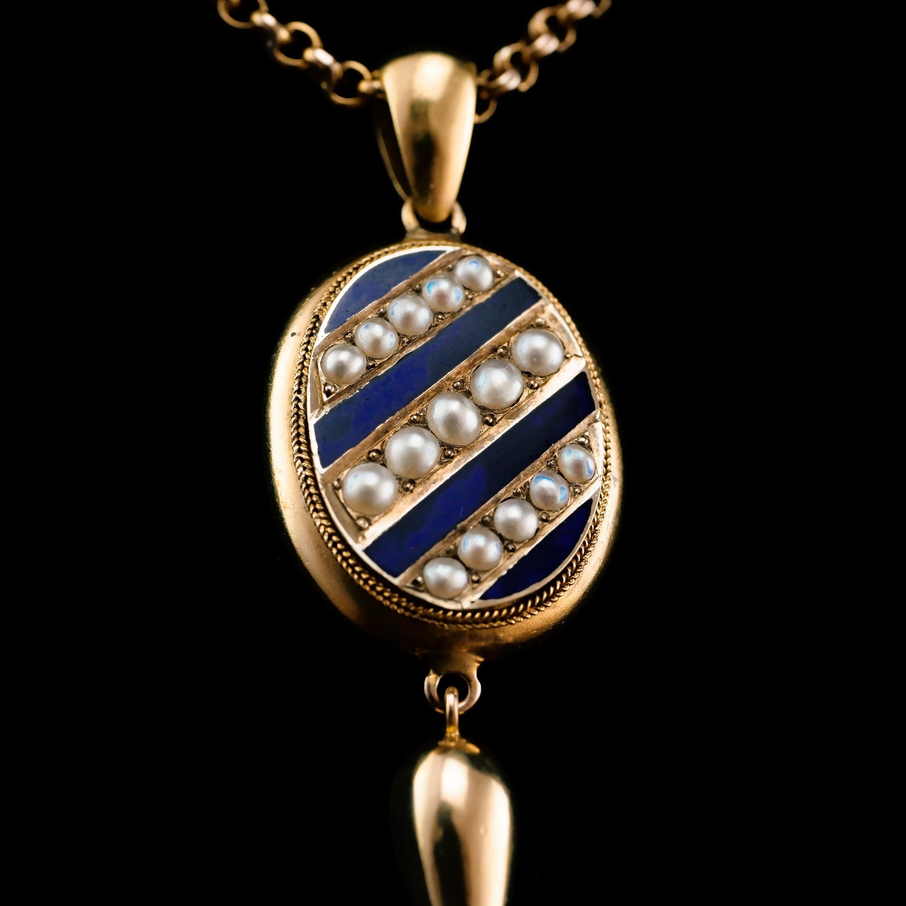 Antica collana vittoriana in oro 15 carati con smalto blu e ciondolo di perle - c.1880 in vendita 12