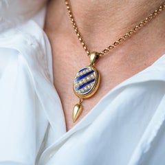 Antique Victorian 15K Gold Blue Enamel & Pearl Pendant Locket Necklace - c.1880