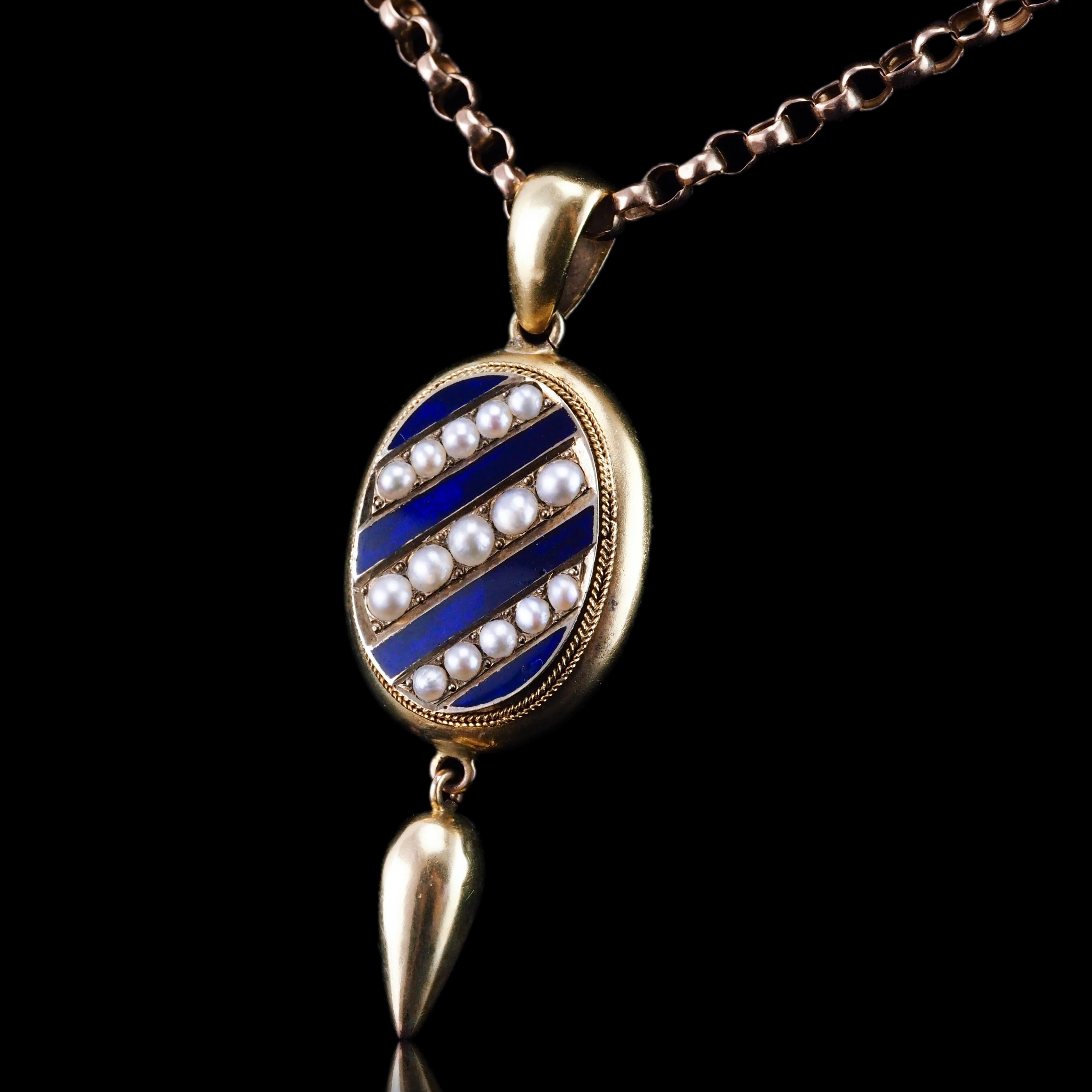 Vittoriano Antica collana vittoriana in oro 15 carati con smalto blu e ciondolo di perle - c.1880 in vendita