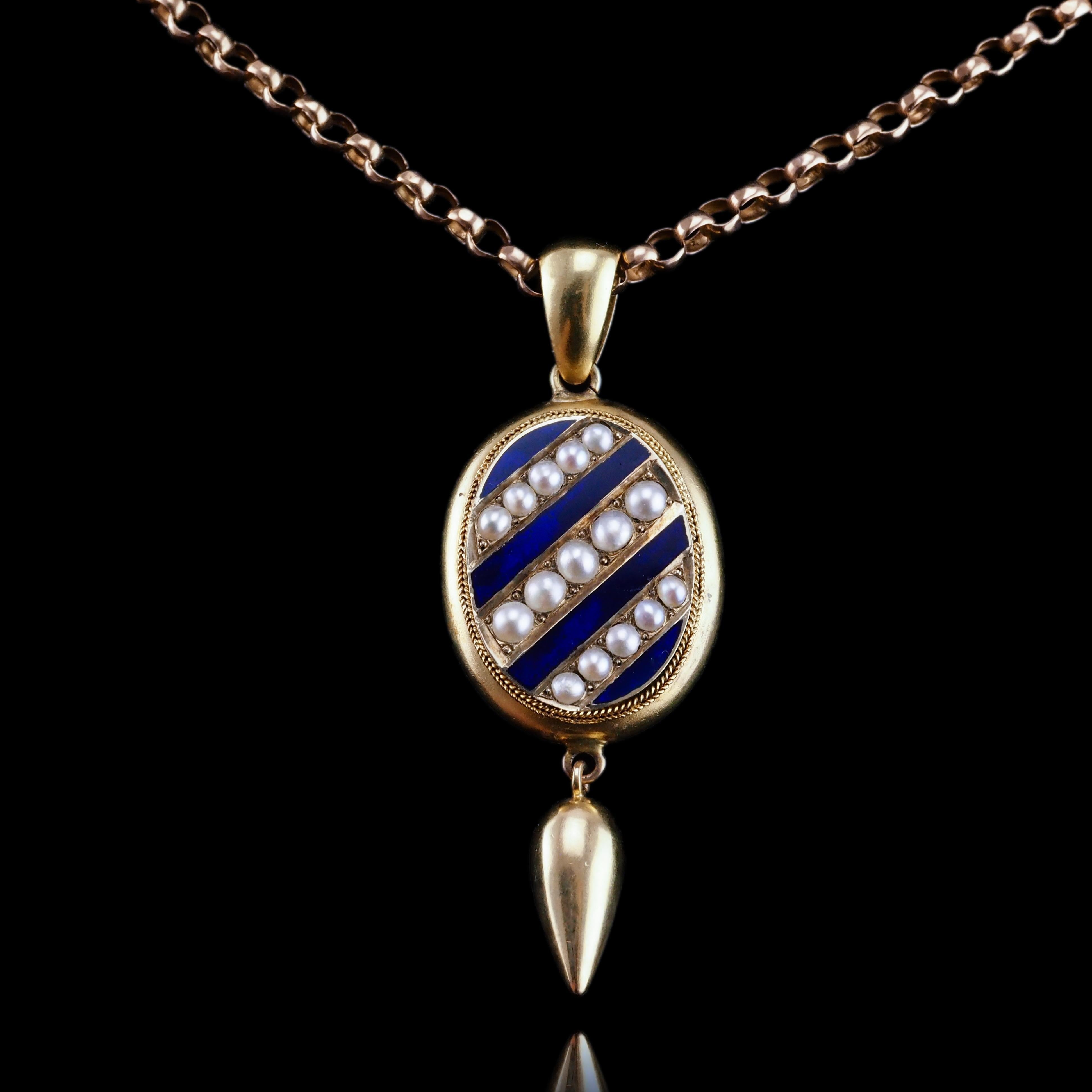 Donna Antica collana vittoriana in oro 15 carati con smalto blu e ciondolo di perle - c.1880 in vendita