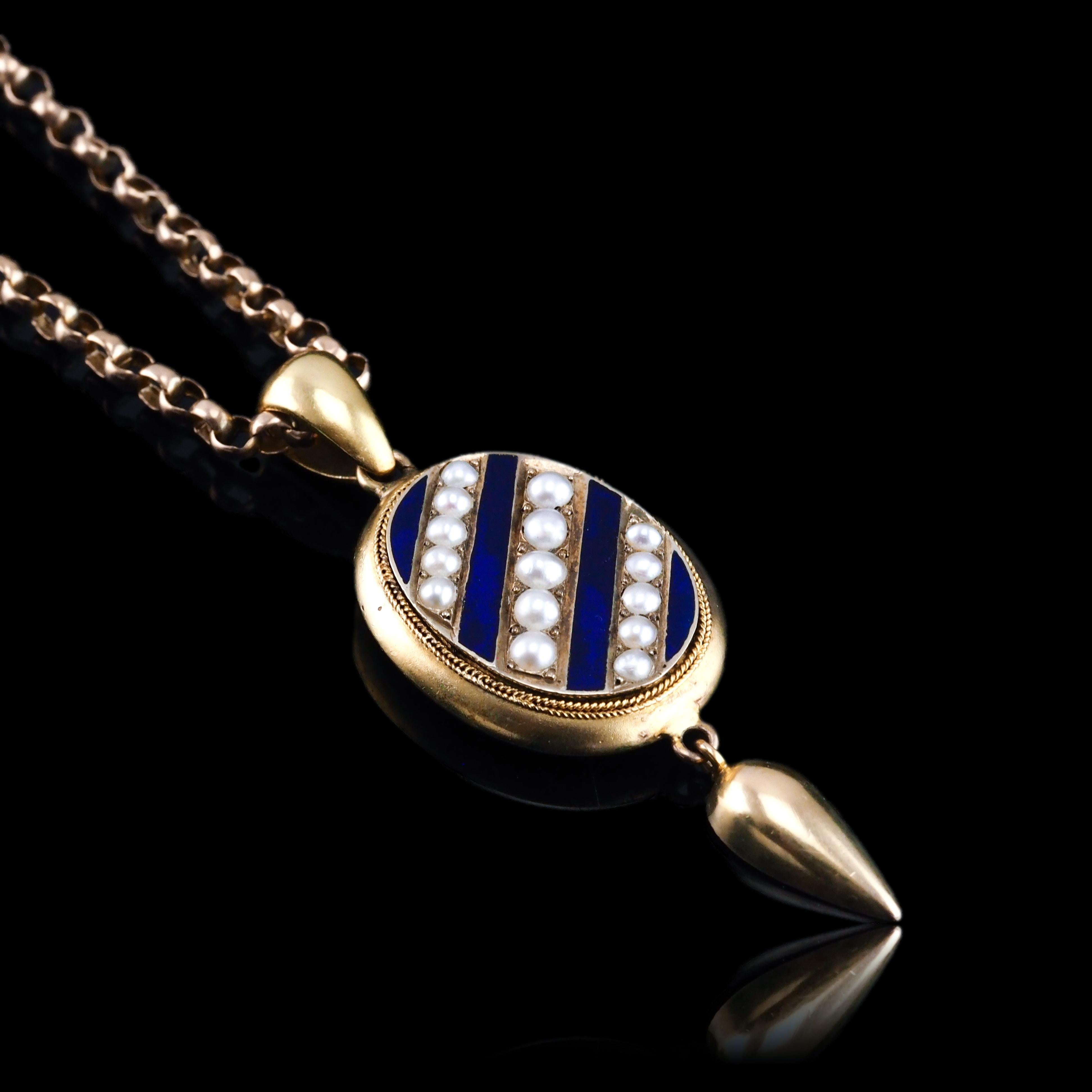 Antica collana vittoriana in oro 15 carati con smalto blu e ciondolo di perle - c.1880 in vendita 2