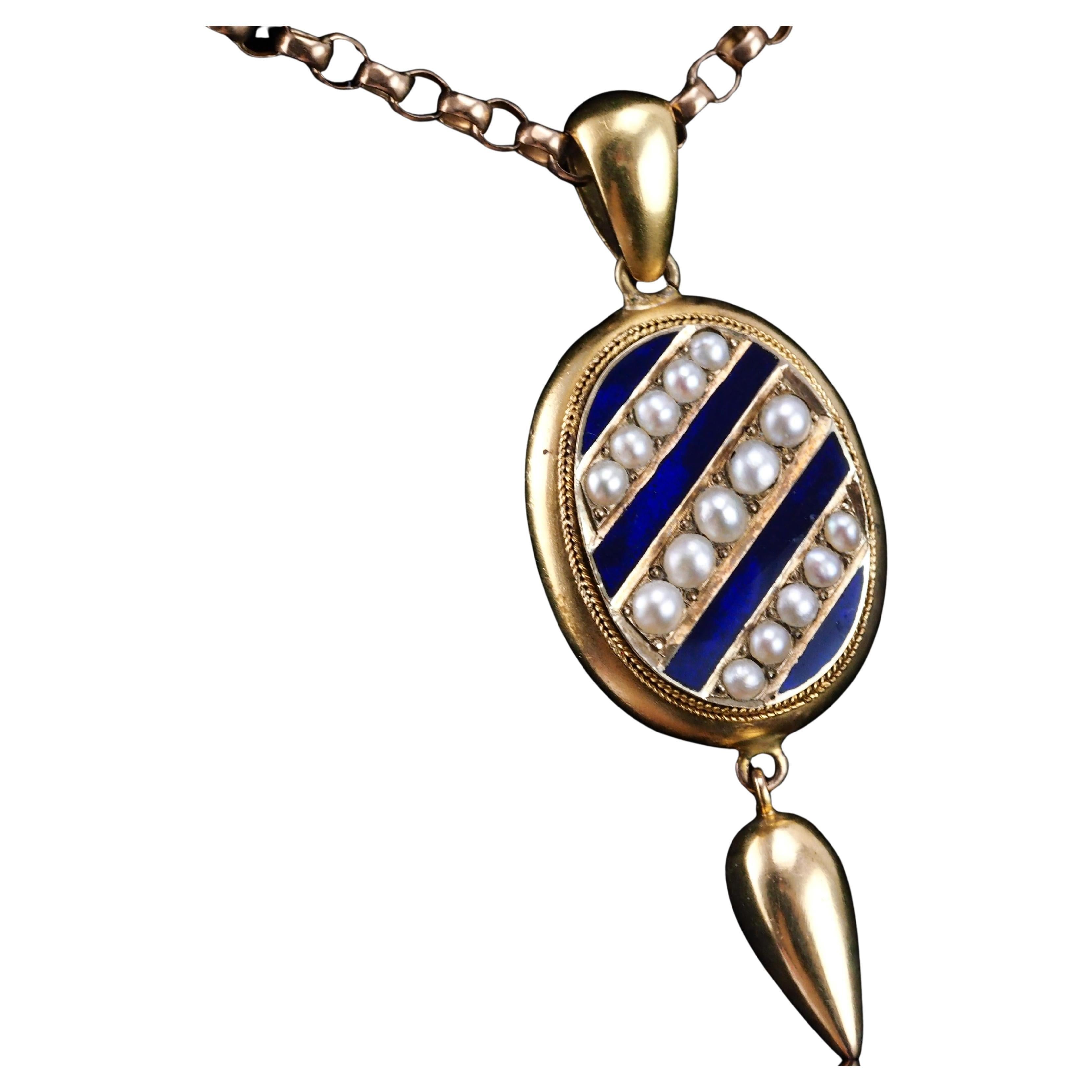 Antique Victorian 15K Gold Blue Enamel & Pearl Pendant Locket Necklace - c.1880