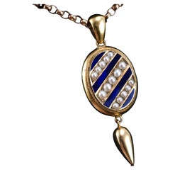 Antica collana vittoriana in oro 15 carati con smalto blu e ciondolo di perle - c.1880