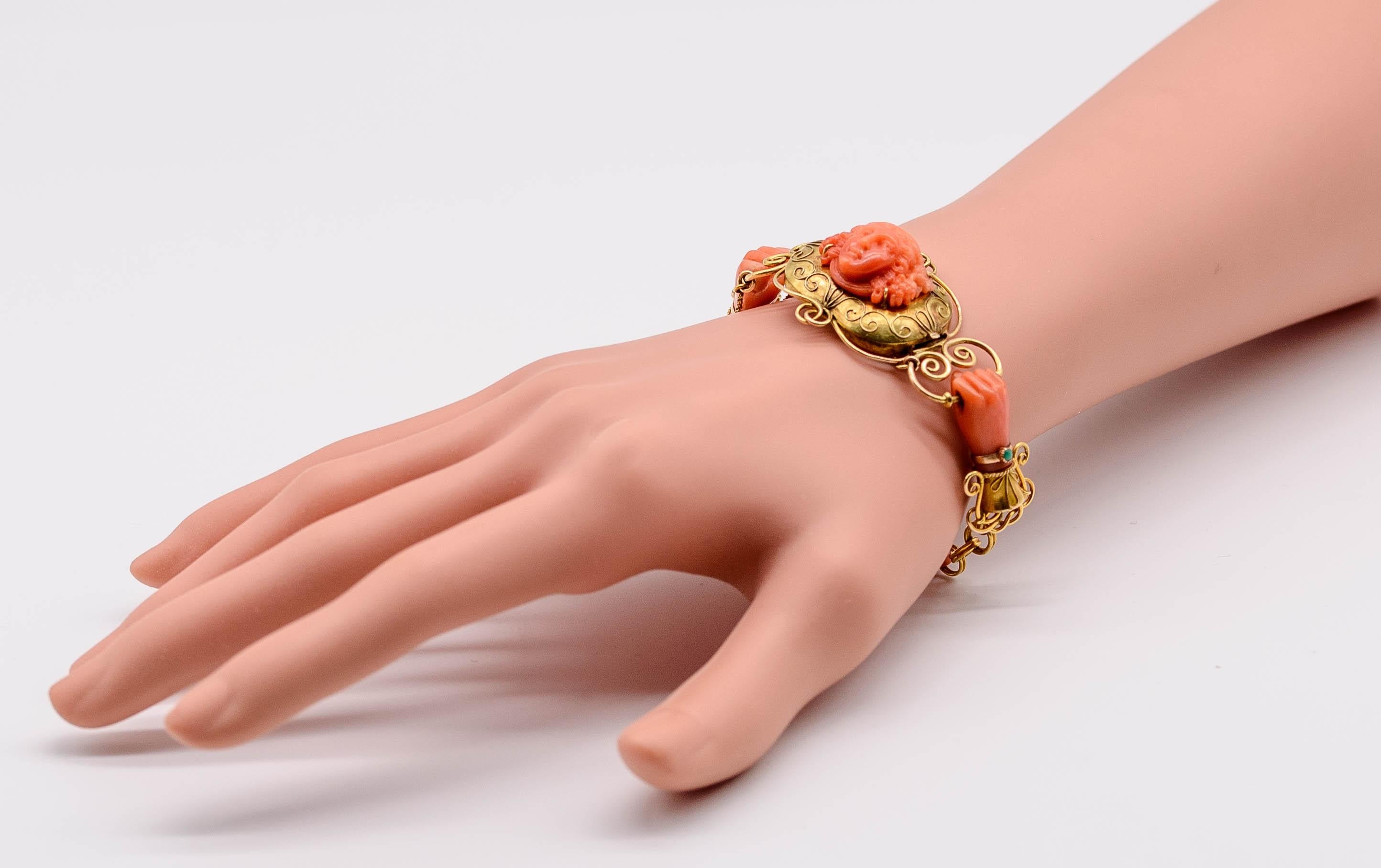 Cabochon Antique Victorian  15K Gold Carved Coral Turquoise Bracelet