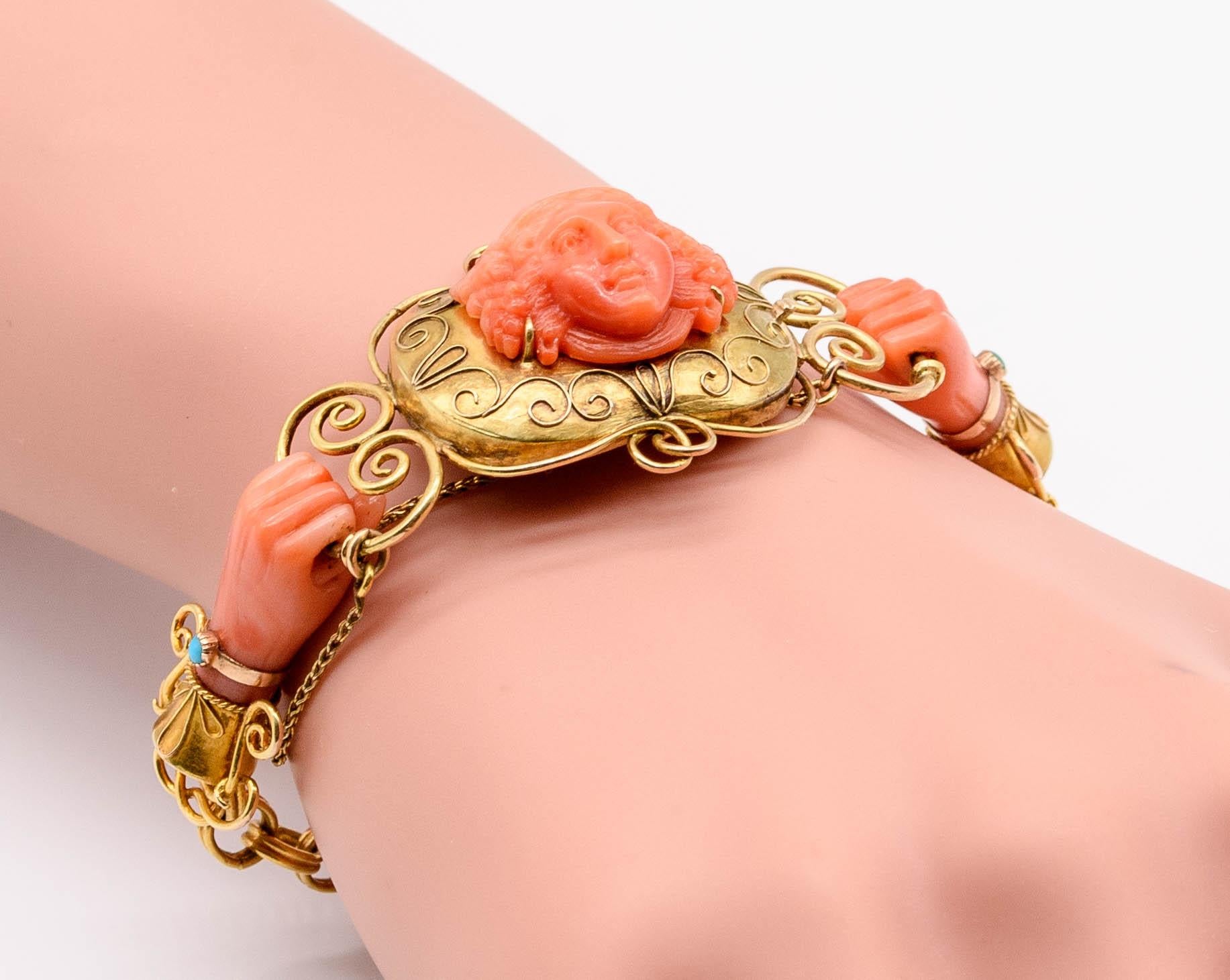 Antique Victorian  15K Gold Carved Coral Turquoise Bracelet In Good Condition In New York, NY