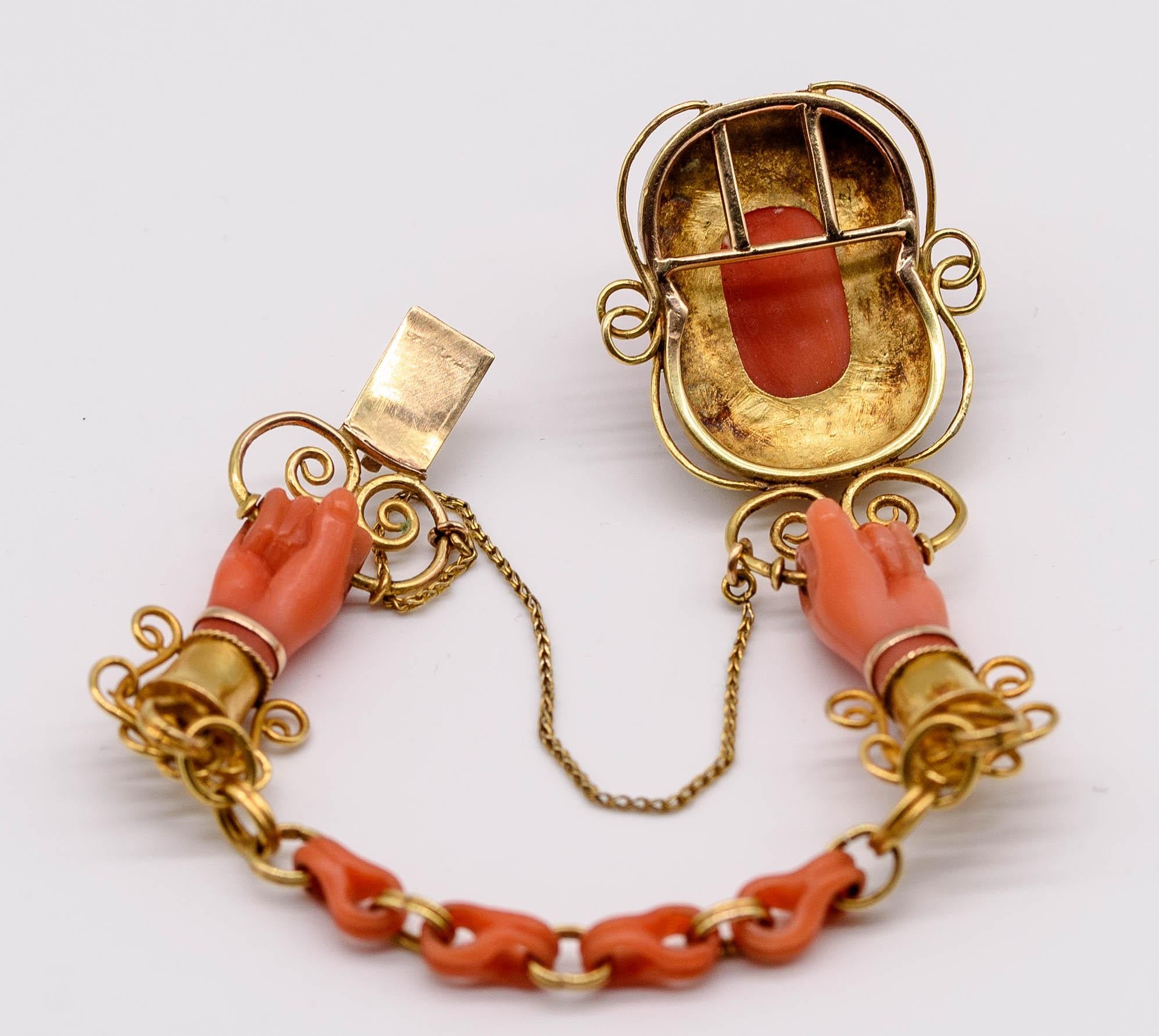 Women's or Men's Antique Victorian  15K Gold Carved Coral Turquoise Bracelet
