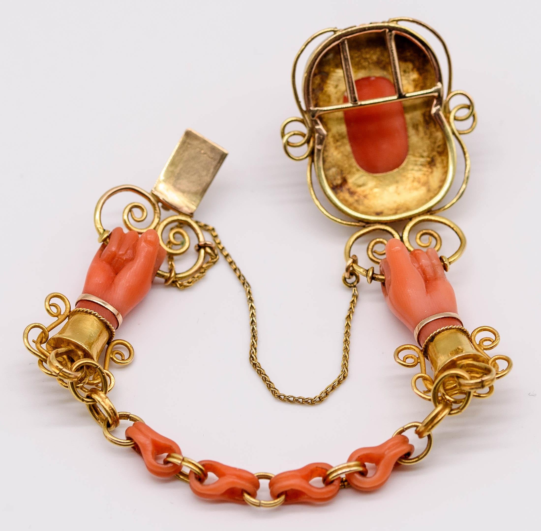 Antique Victorian  15K Gold Carved Coral Turquoise Bracelet 1