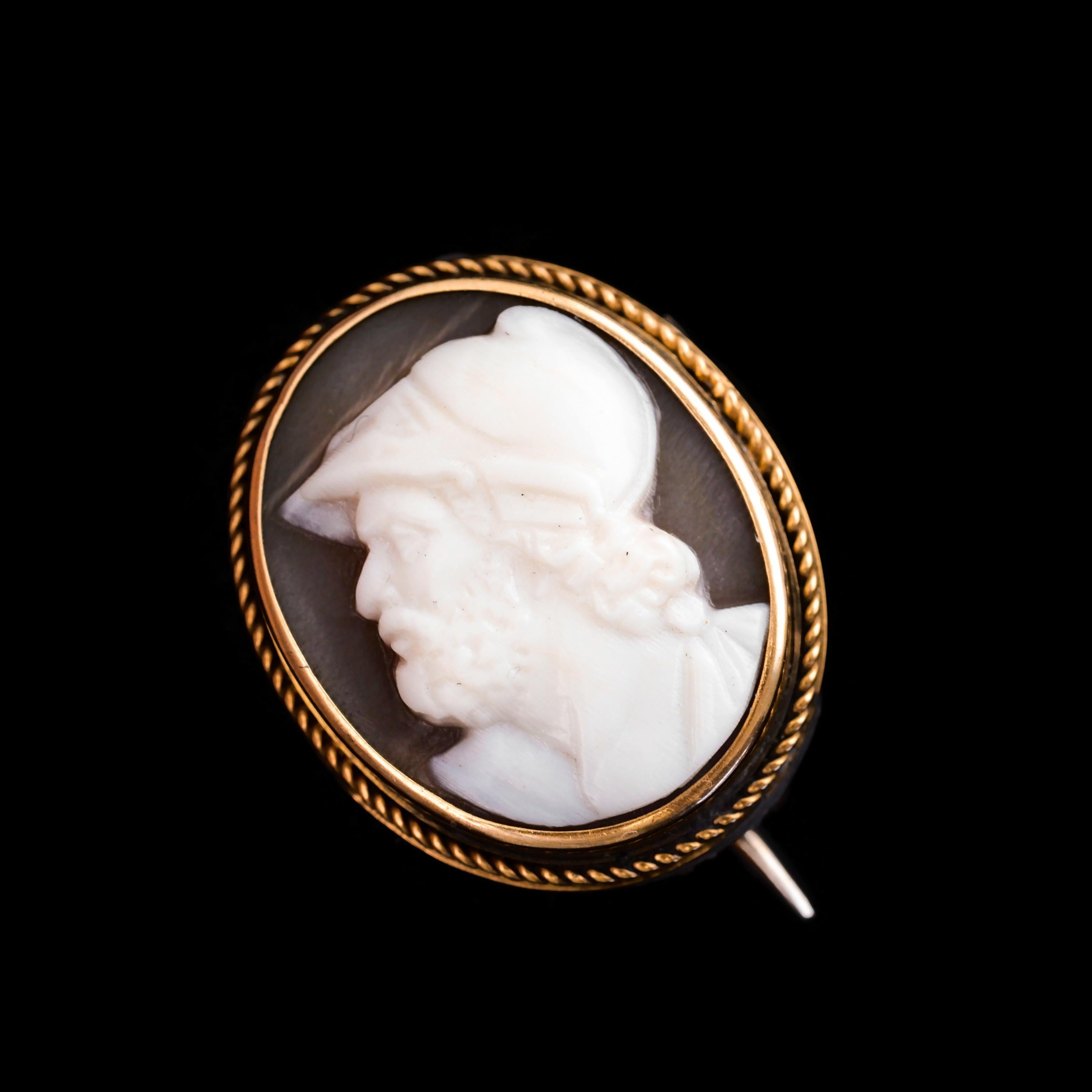 We are delighted to offer this wonderful 15ct gold Victorian shell cameo made c.1880 with a Greek mythology theme. 
 
The cameo features the side profile of 