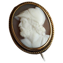 Antique Victorian 15K Gold Carved Shell Cameo Brooch "Menelaus" - c.1880