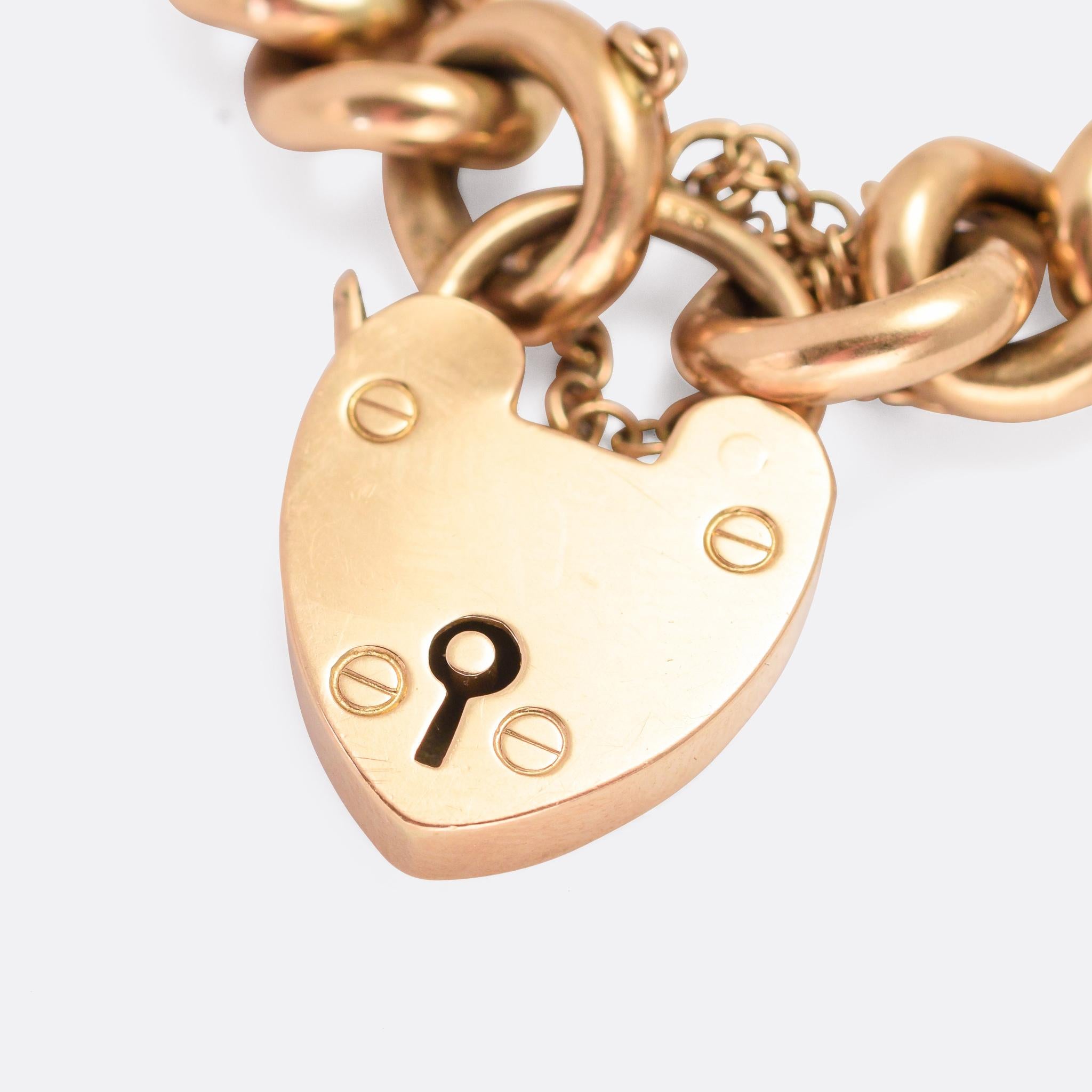 A classic Victorian curb link bracelet in 15 karat gold. With chunky links and a good substantial feel, the bracelet also features a heart padlock clasp. Nice to find one in high karat gold, as they are often modelled in 9k.

MEASUREMENTS 
Wearable