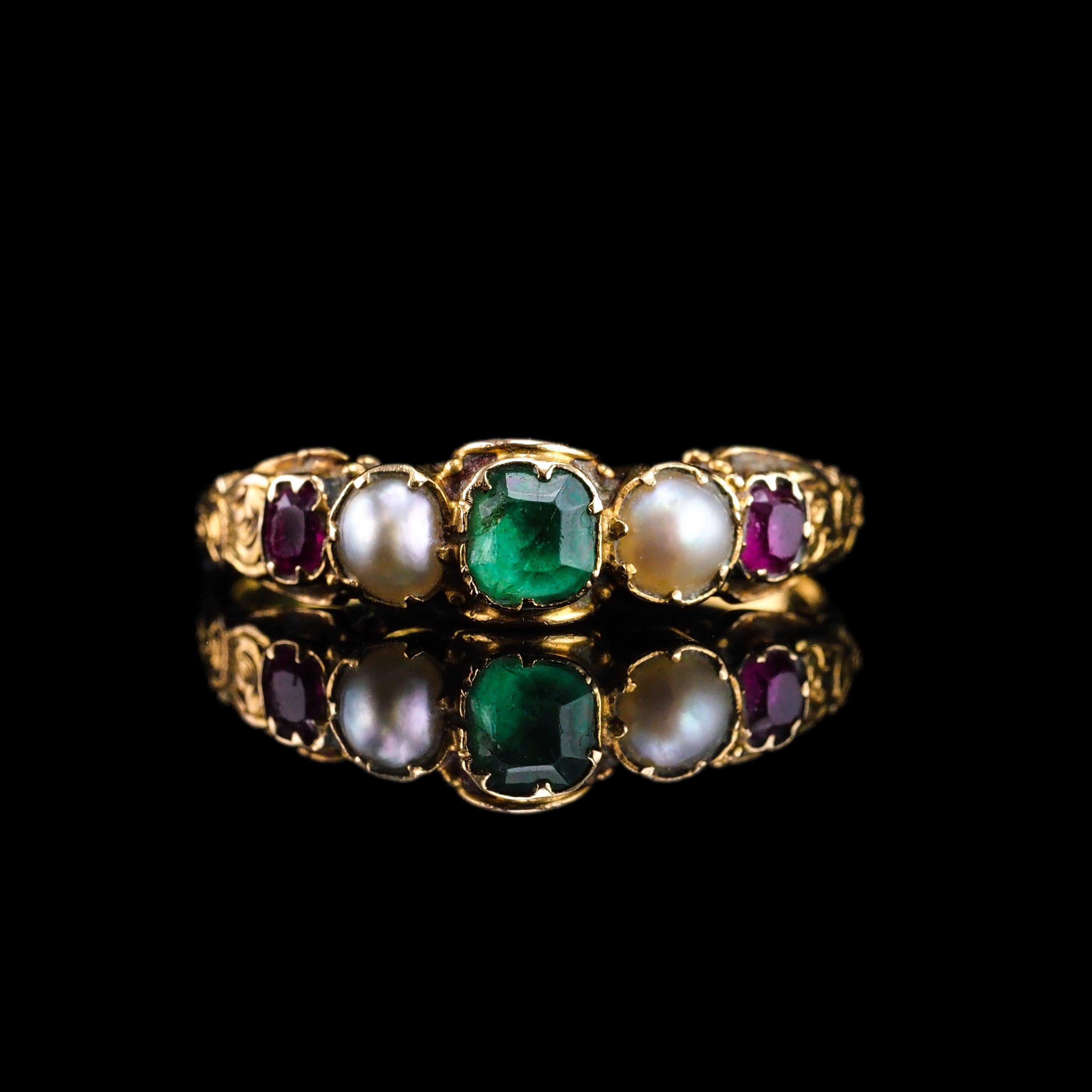 Antique Victorian 15K Gold Emerald, Garnet & Pearl Ring Suffragette - c.1880 5