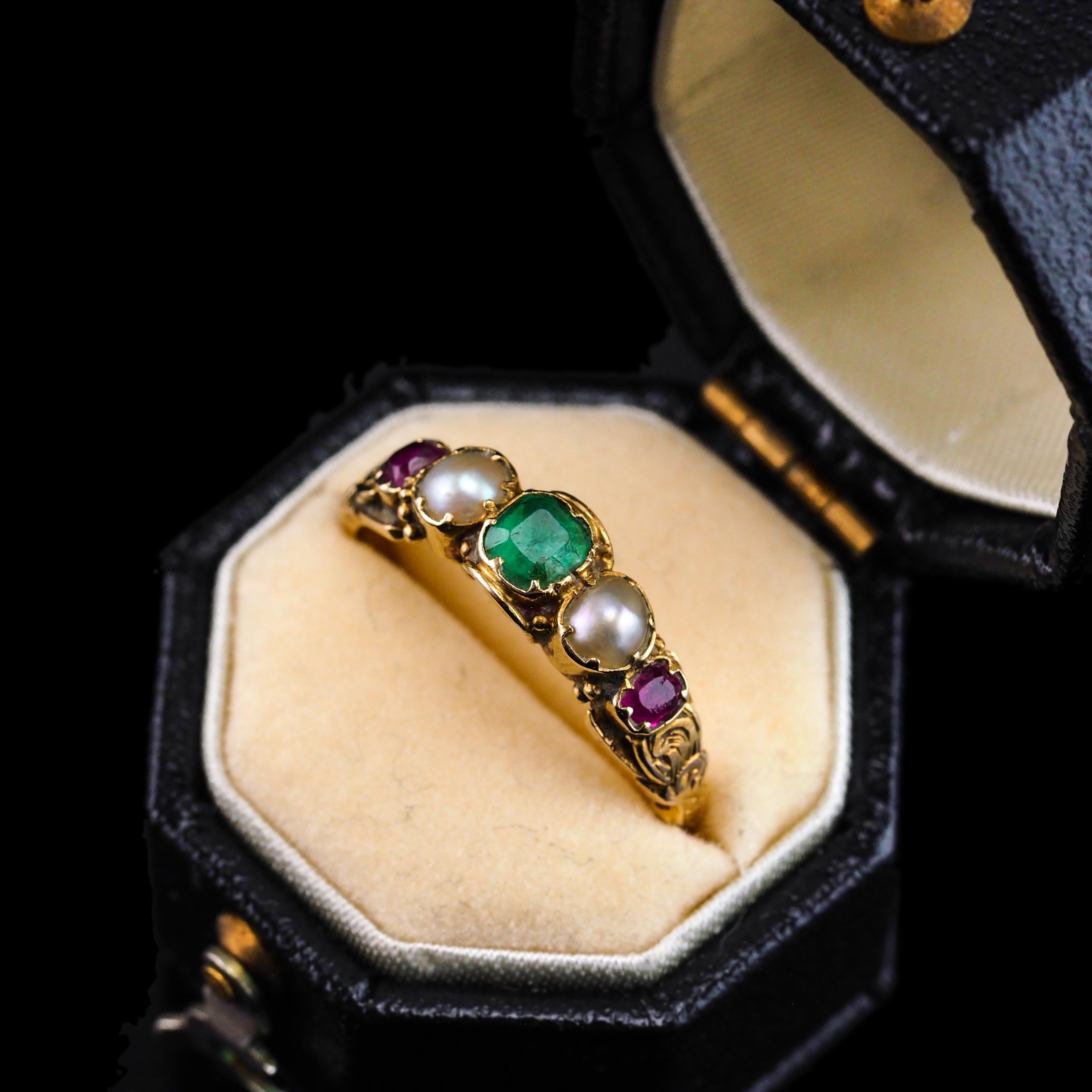 Antique Victorian 15K Gold Emerald, Garnet & Pearl Ring Suffragette - c.1880 6