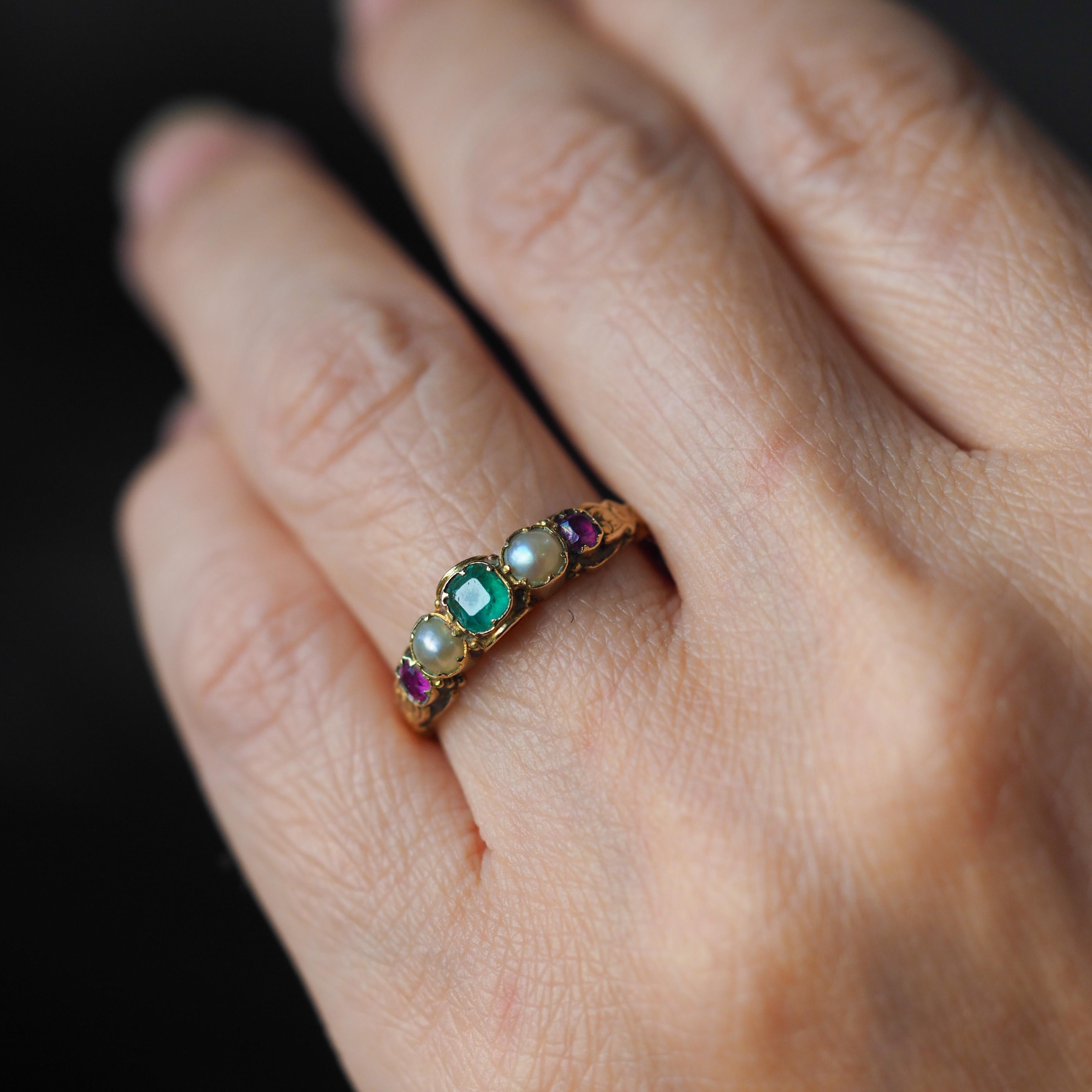 Antique Victorian 15K Gold Emerald, Garnet & Pearl Ring Suffragette - c.1880 7